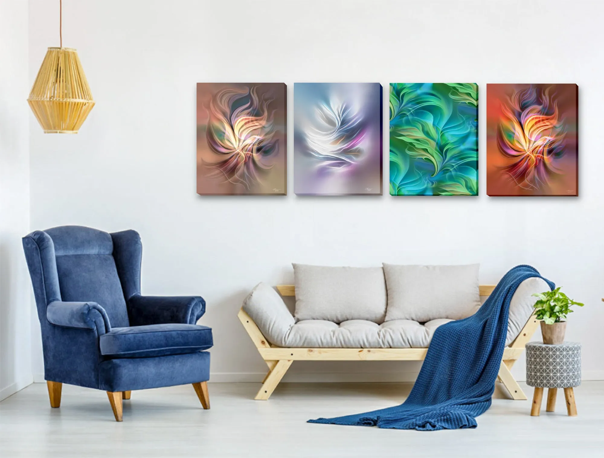 Abstract Art Canvas Prints, Set of Four Nature Elements Artwork - Earth, Water, Fire, Air