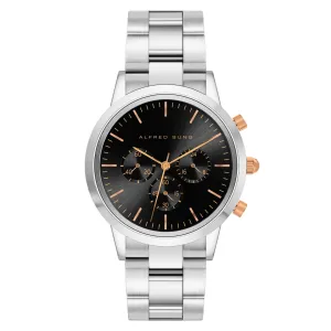 Alfred Sung Chronograph Black Sunray Dial Silver Bracelet Men's watch