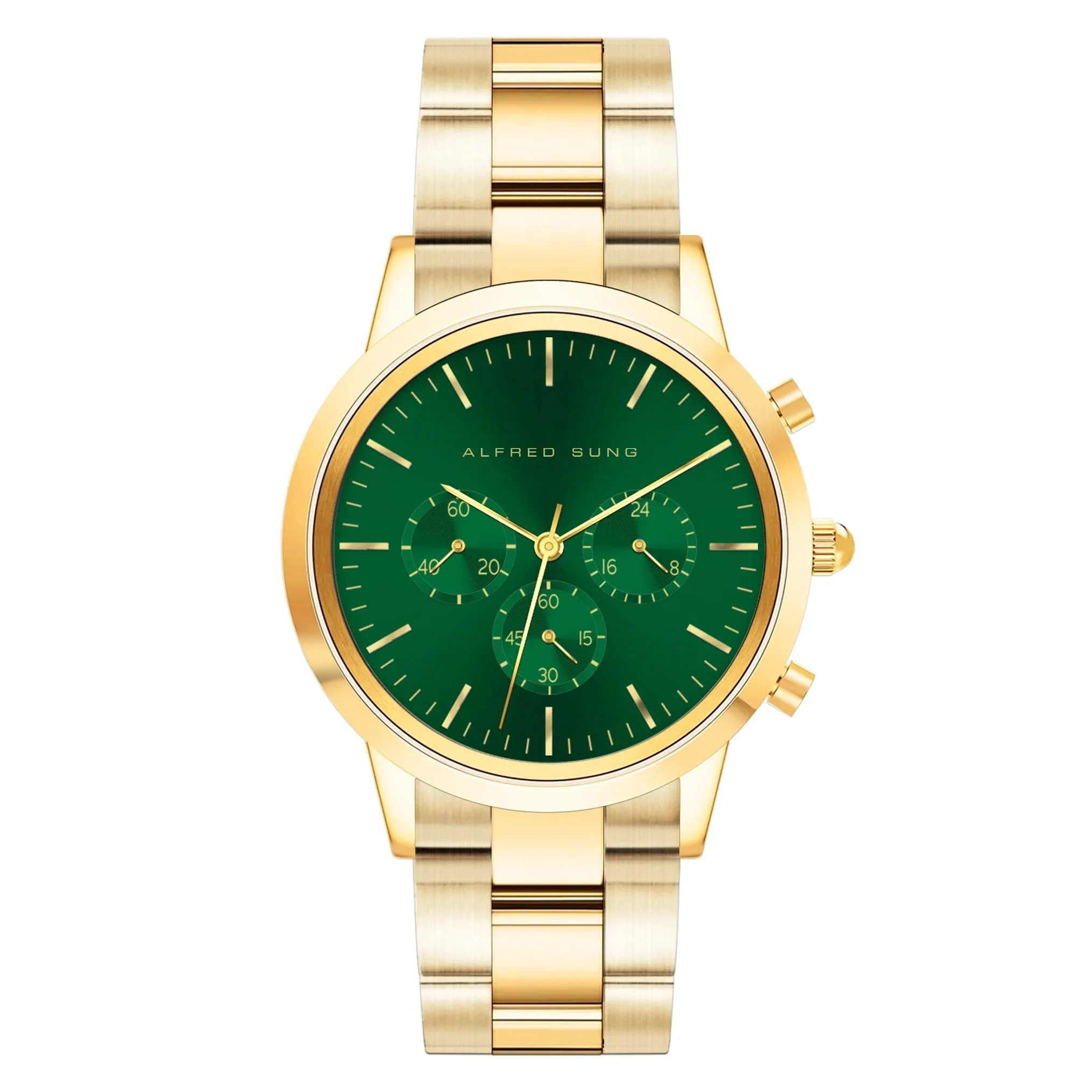 Alfred Sung Chronograph Green Sunray Dial Gold Bracelet Men's watch
