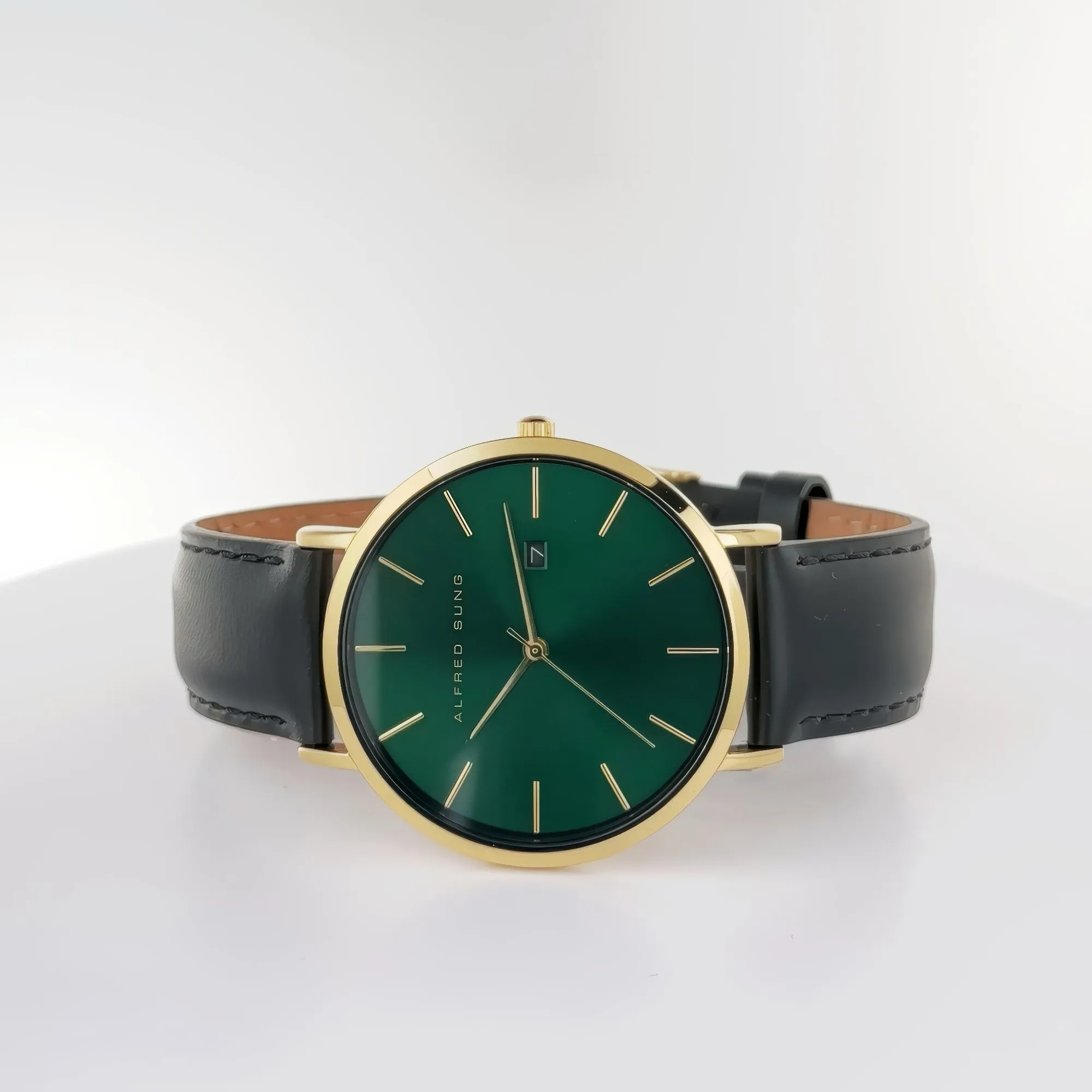 Alfred Sung Metropolitan Date Green Dial Black Leather Strap watch