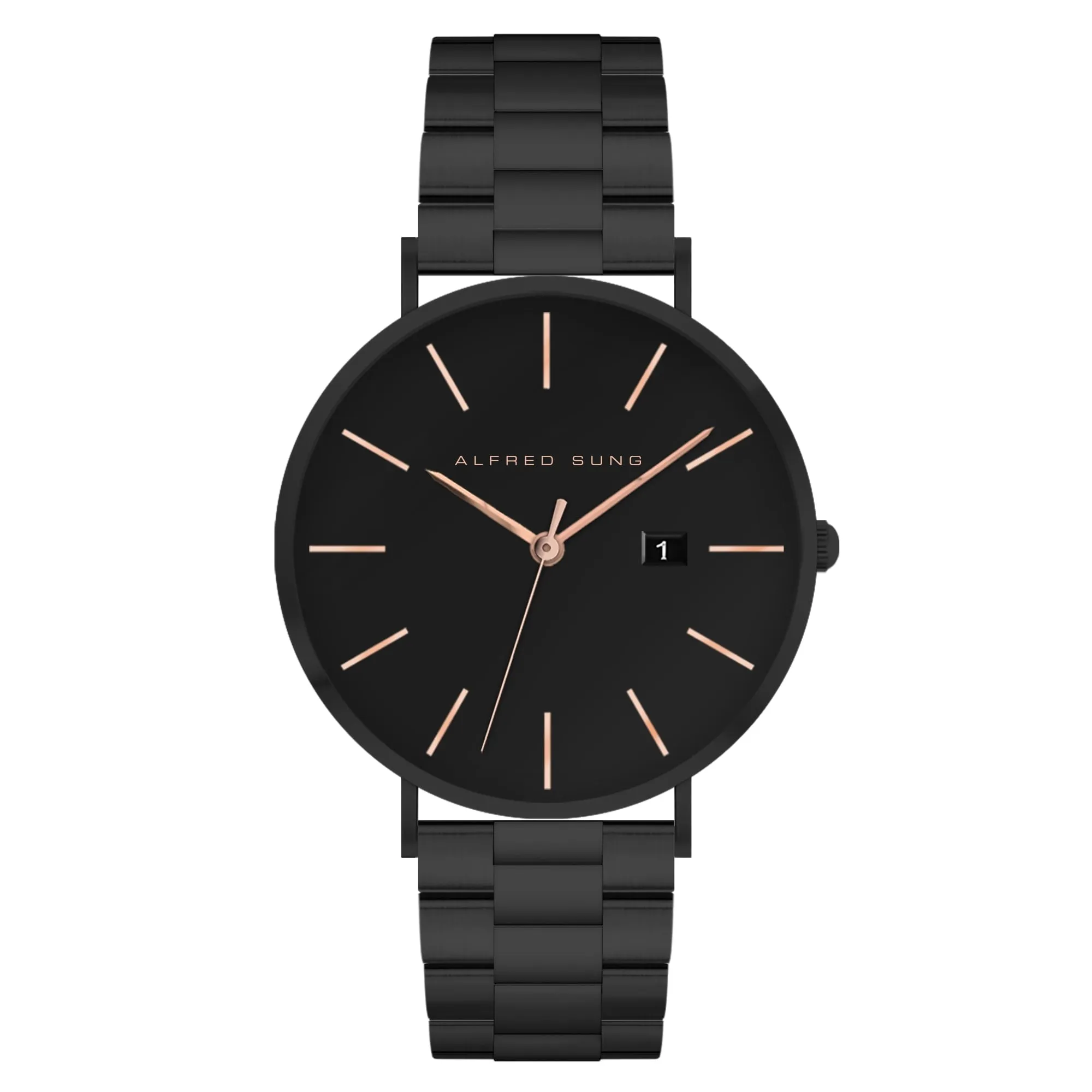 Alfred Sung Metropolitan Date Rosegold Accents Black Bracelet watch