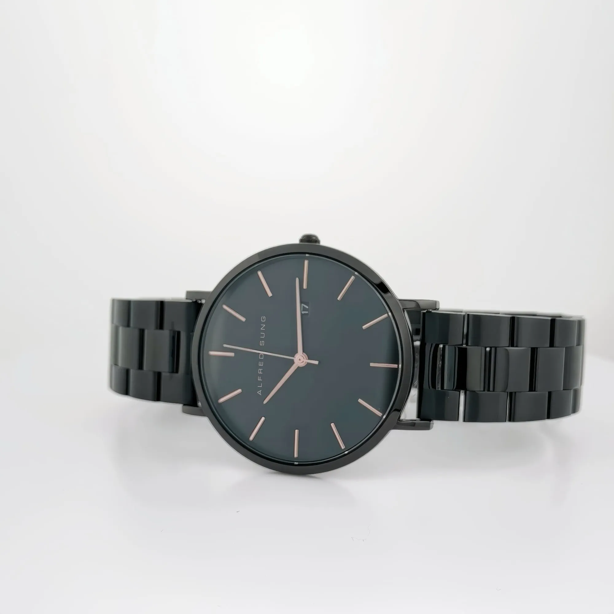 Alfred Sung Metropolitan Date Rosegold Accents Black Bracelet watch