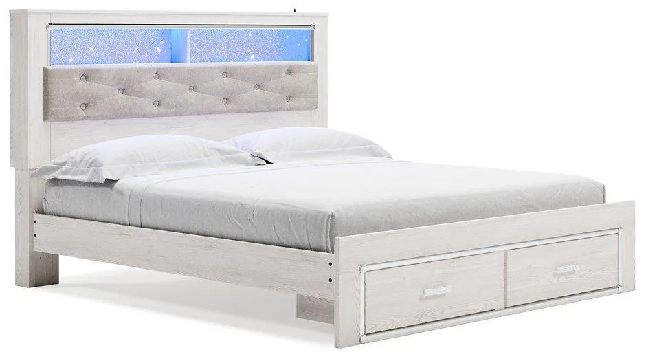Altyra White King Upholstered Bookcase Bed with Storage