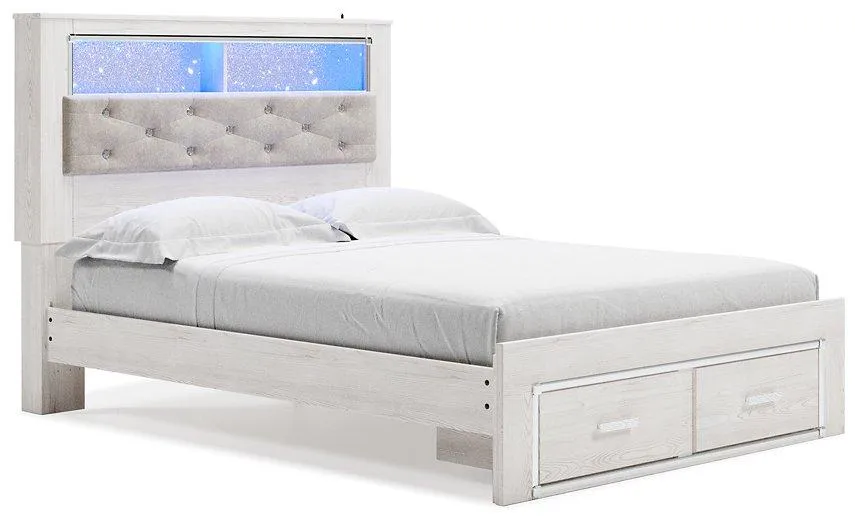 Altyra White Queen Upholstered Bookcase Bed with Storage