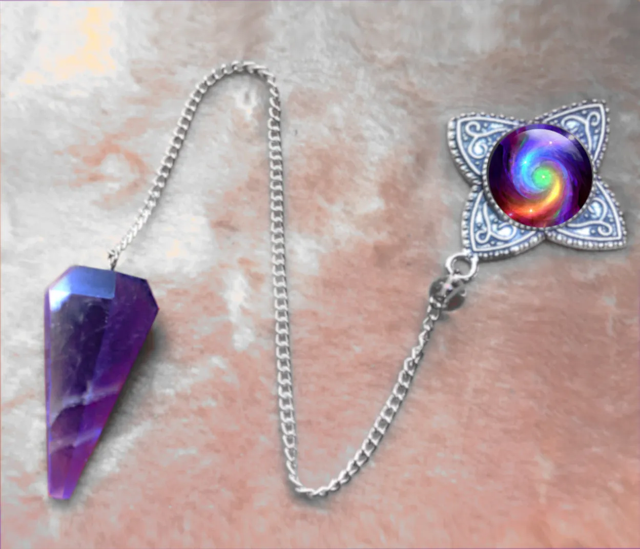 Amethsyt Crystal Pendulum, Dowsing Tool with Rainbow Swirl Chakra Art by Primal Painter - "Chakra Swirl"