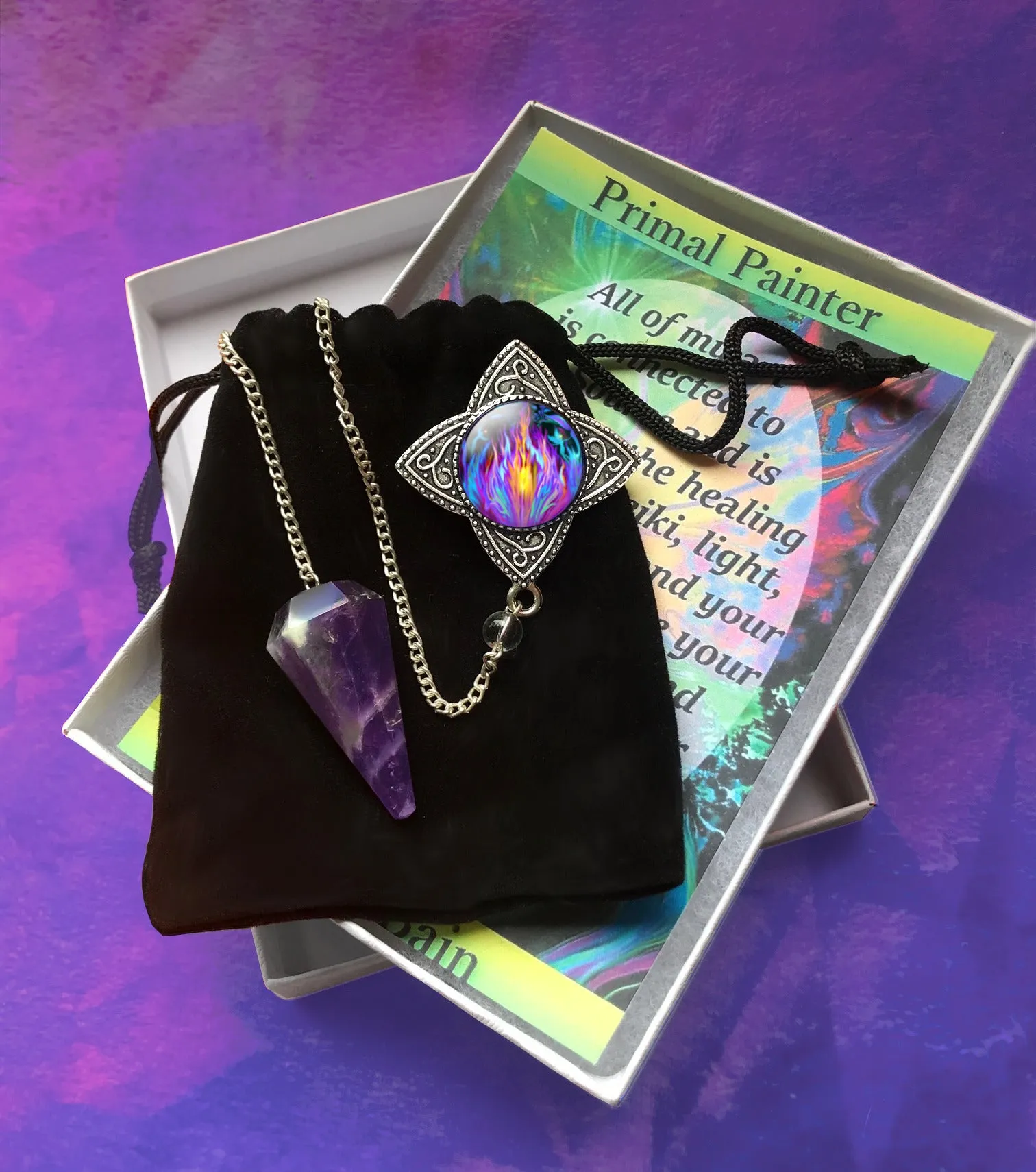 Amethsyt Crystal Pendulum with Violet Flame Energy Art Pendant - "Transmutation"