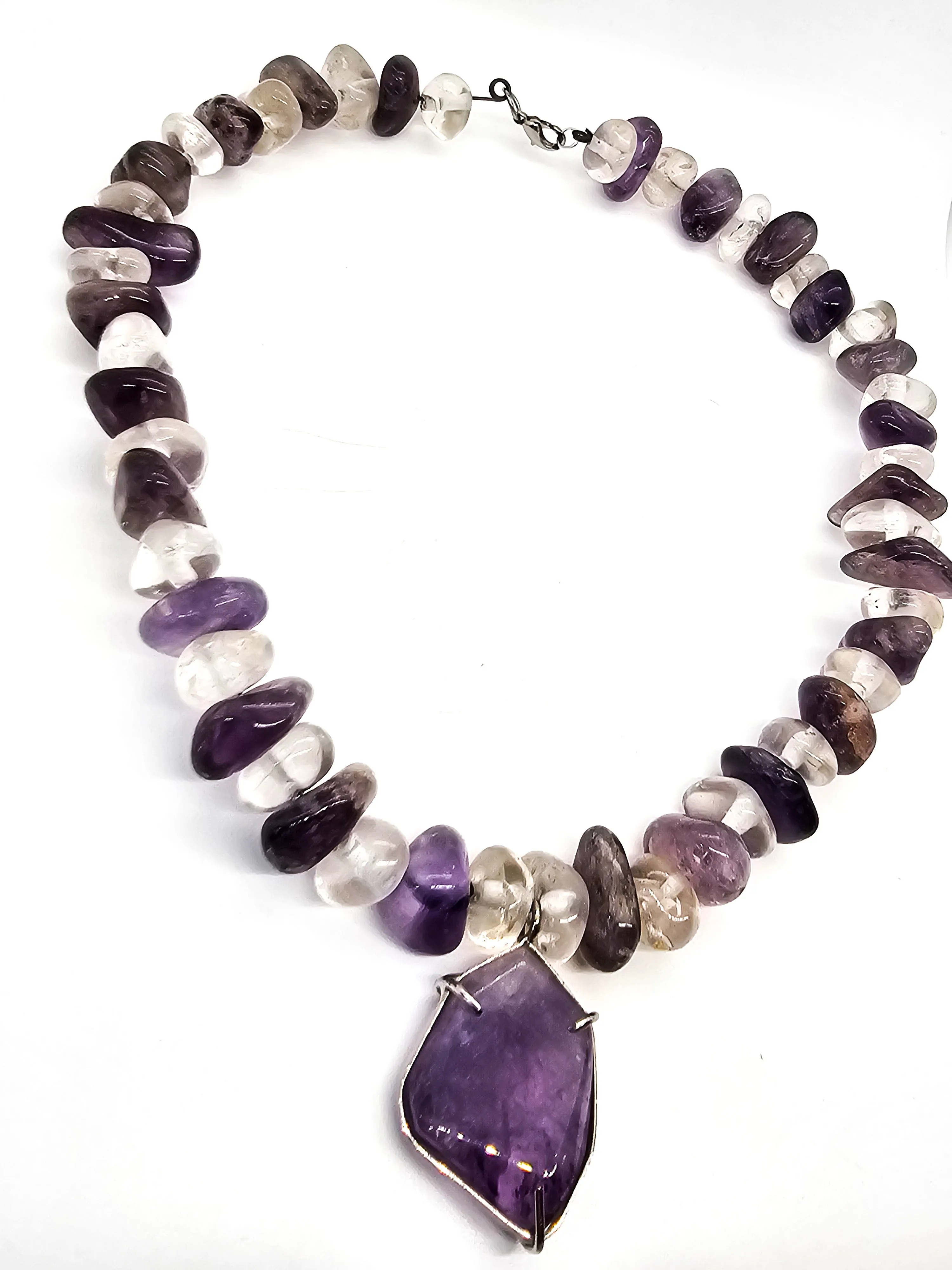 Amethyst and clear rock crystal beaded handcrafted artisan necklace