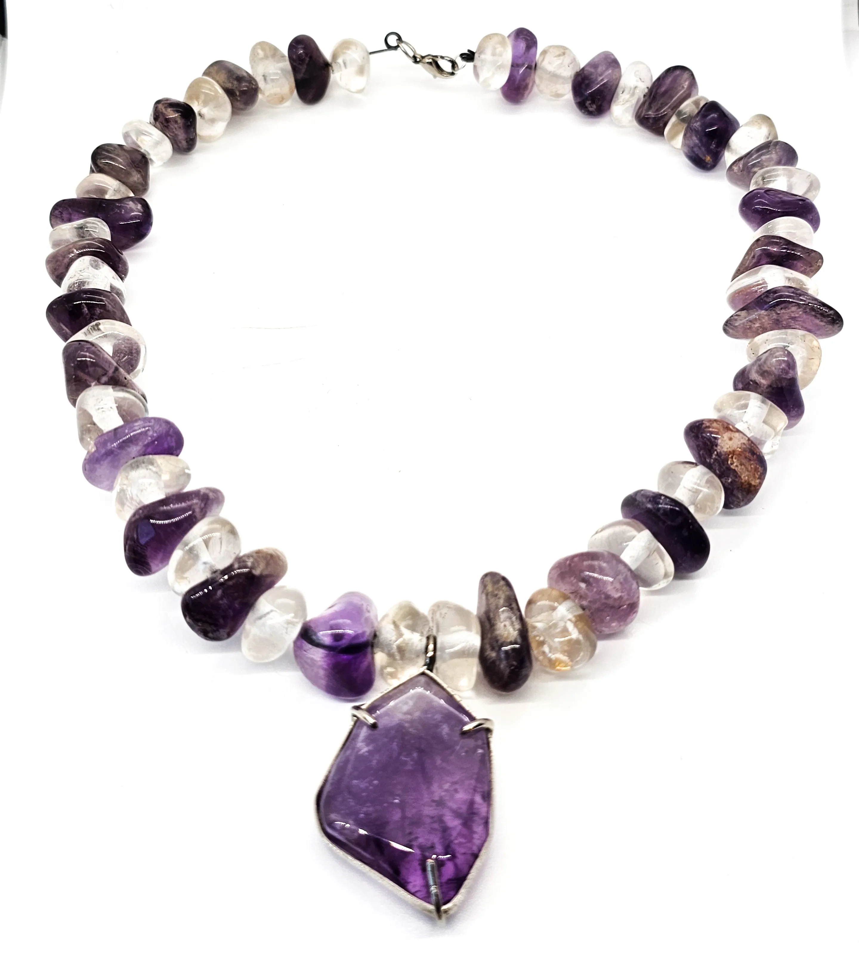 Amethyst and clear rock crystal beaded handcrafted artisan necklace