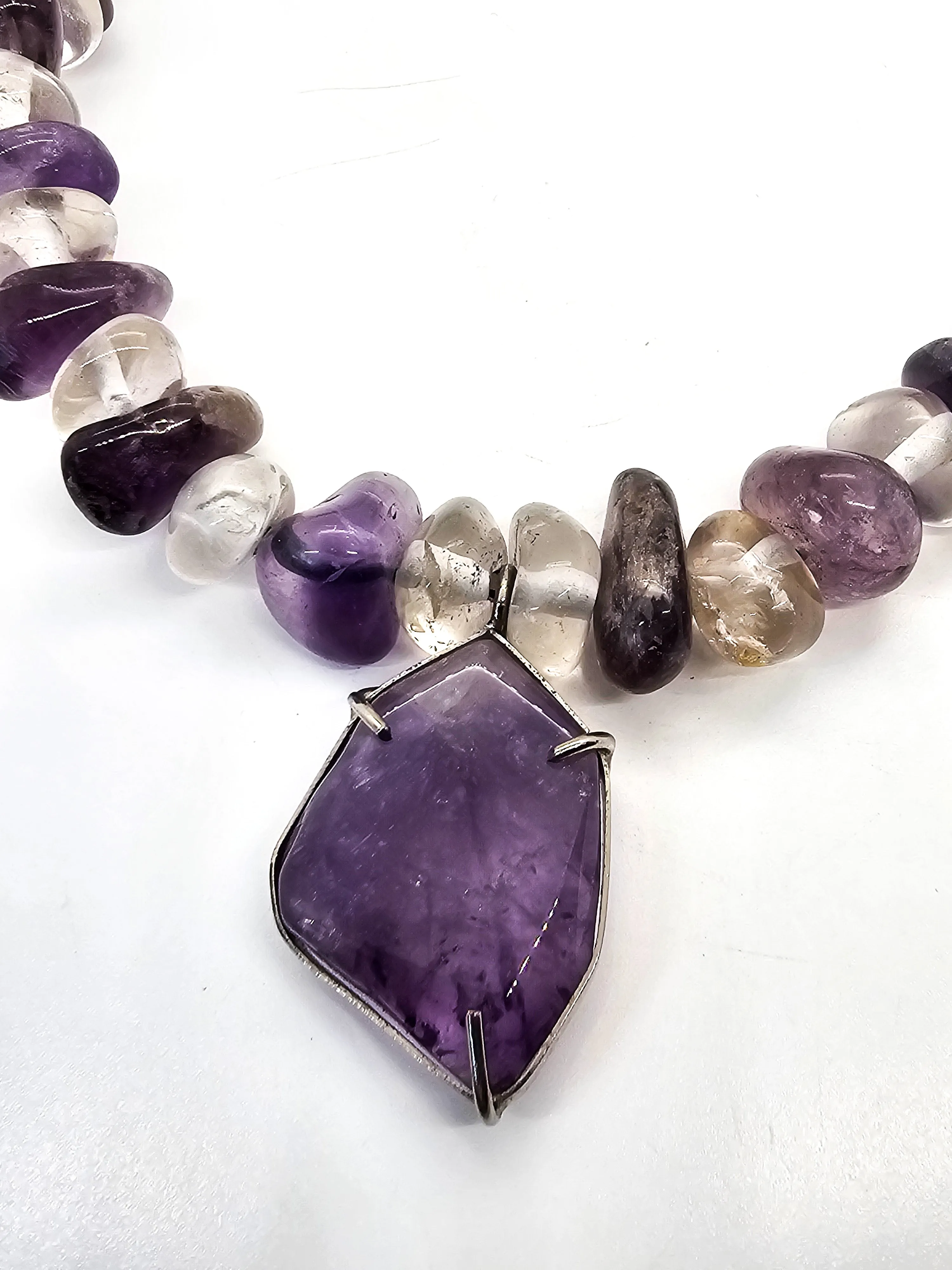 Amethyst and clear rock crystal beaded handcrafted artisan necklace