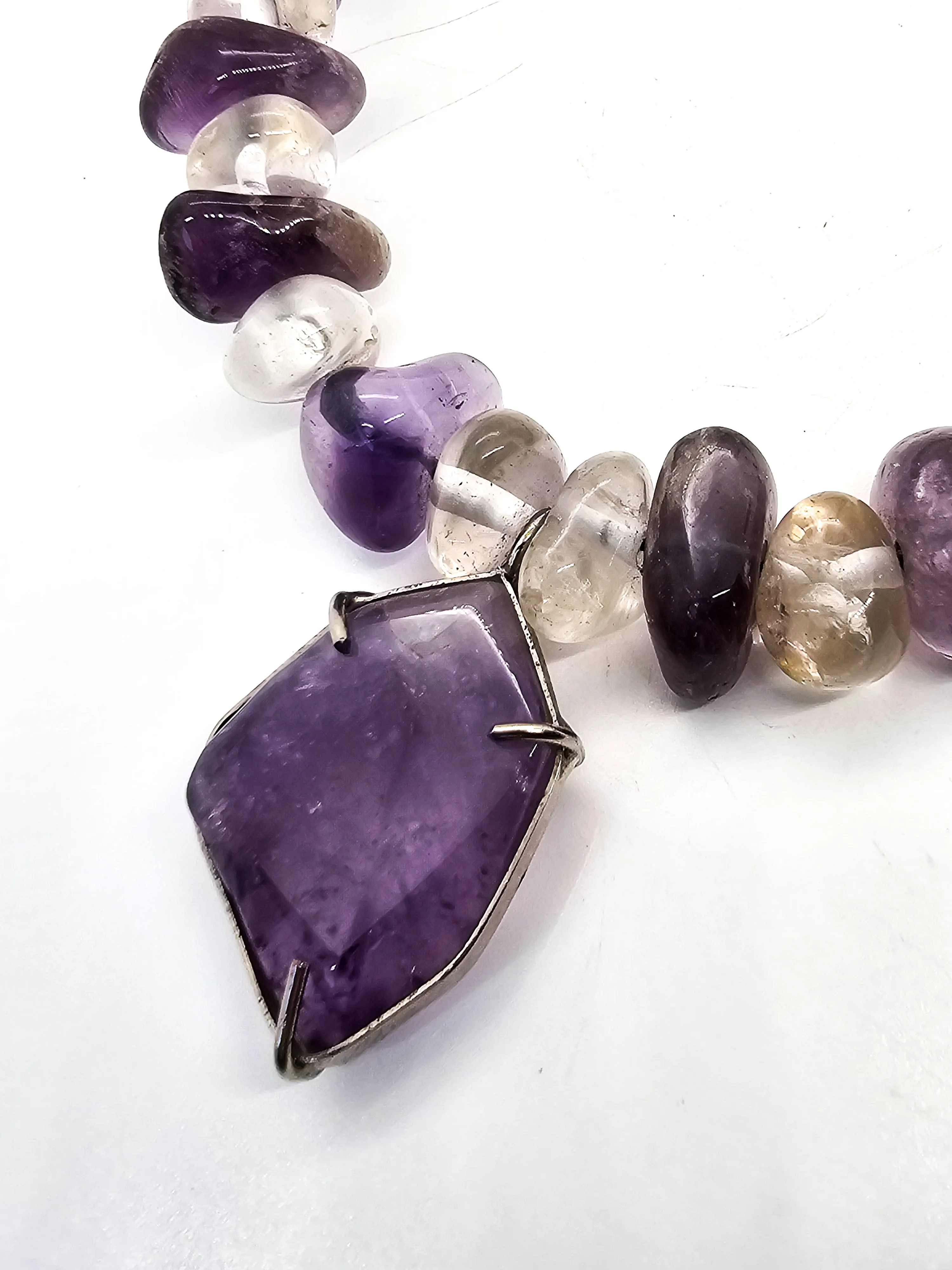 Amethyst and clear rock crystal beaded handcrafted artisan necklace
