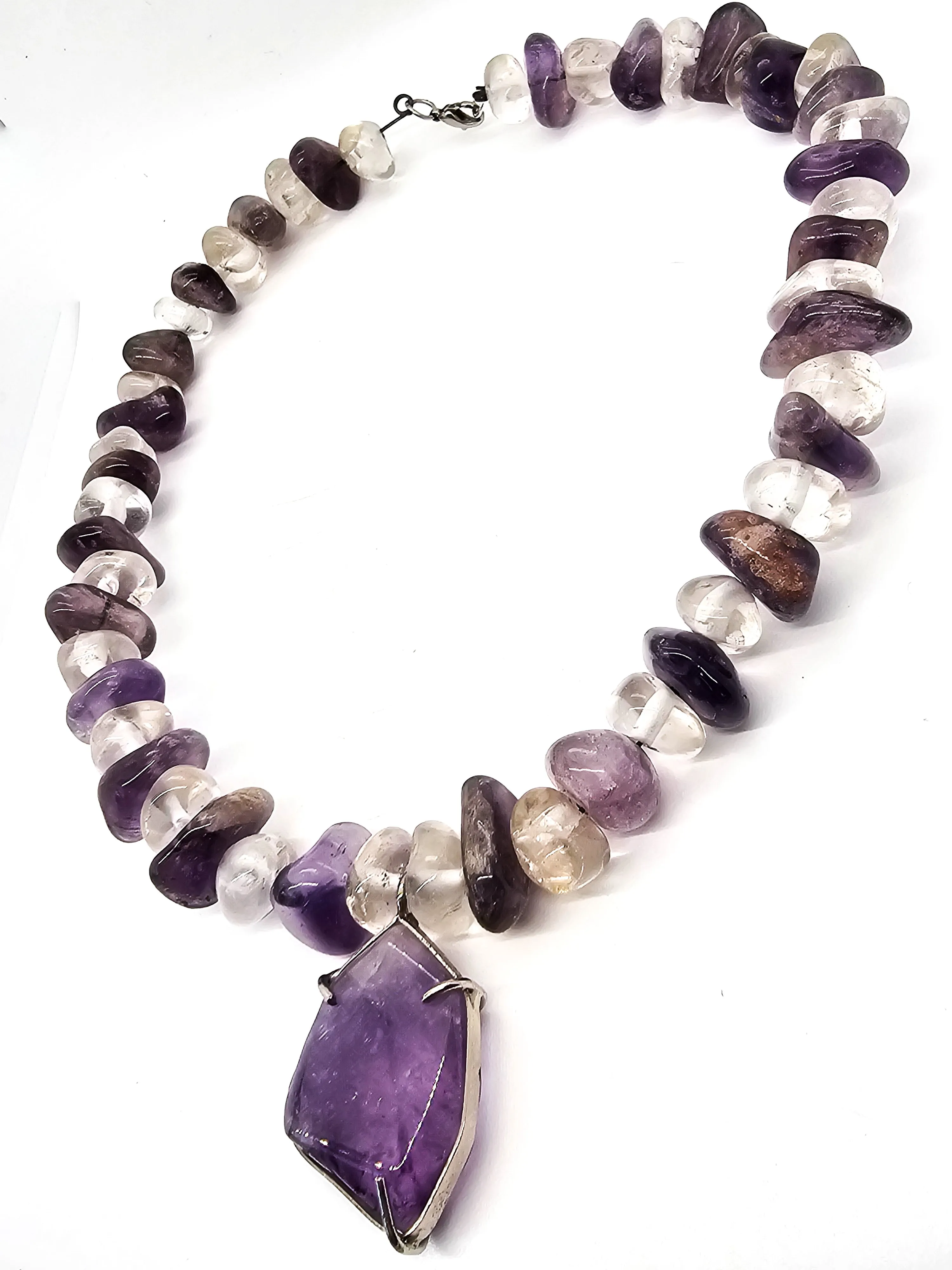 Amethyst and clear rock crystal beaded handcrafted artisan necklace