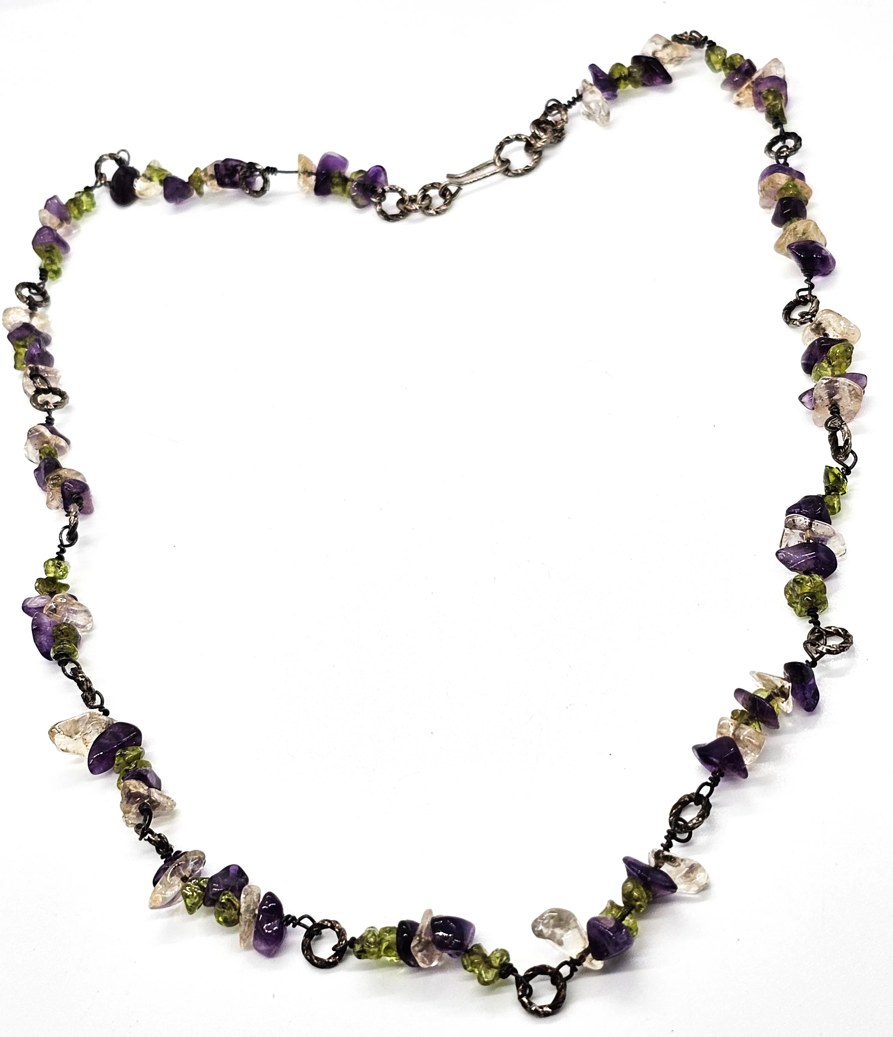 Amethyst, Peridot and Quartz chip vintage artisan sterling silver twisted hoop necklace