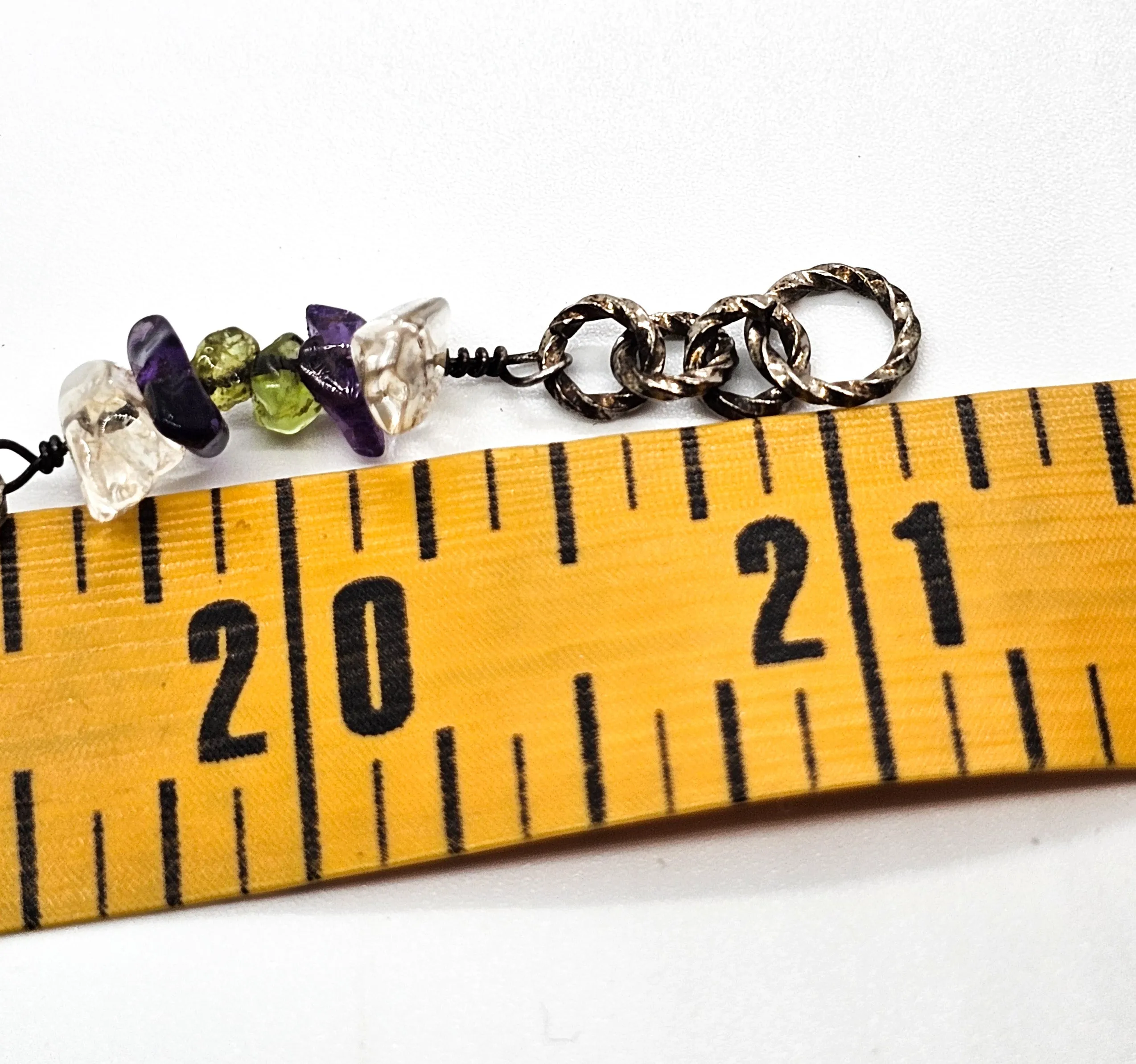 Amethyst, Peridot and Quartz chip vintage artisan sterling silver twisted hoop necklace