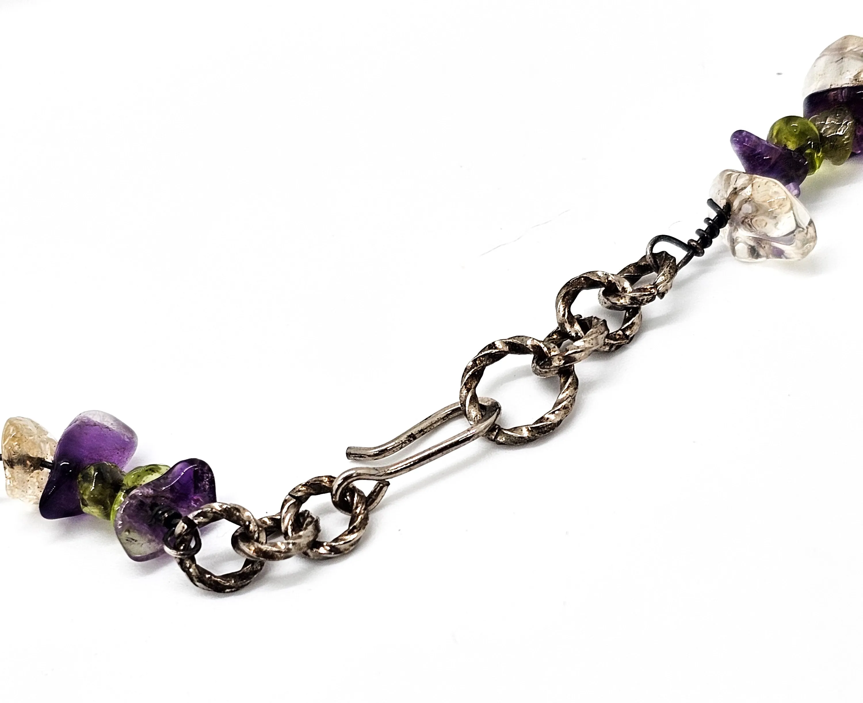 Amethyst, Peridot and Quartz chip vintage artisan sterling silver twisted hoop necklace