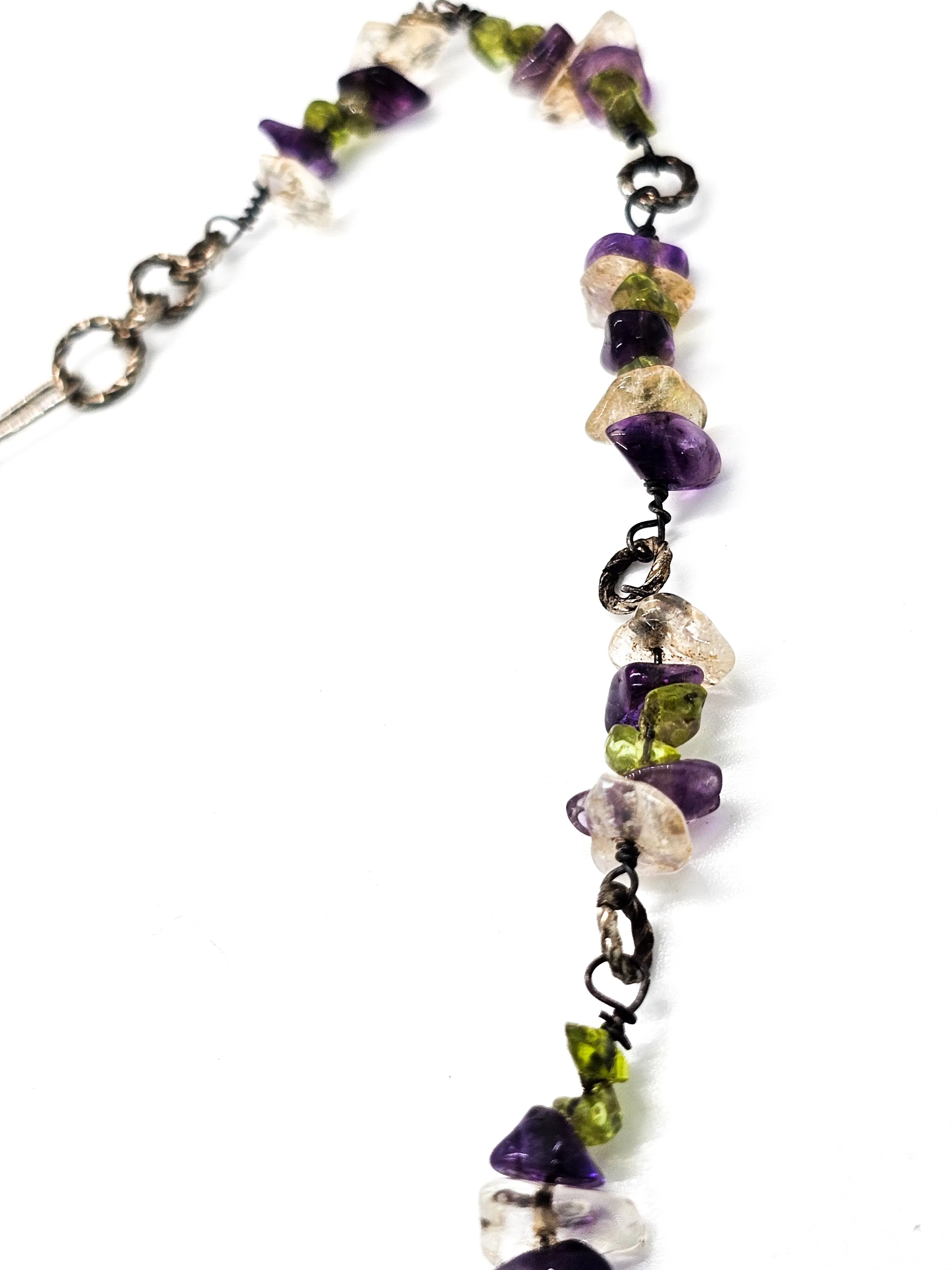 Amethyst, Peridot and Quartz chip vintage artisan sterling silver twisted hoop necklace