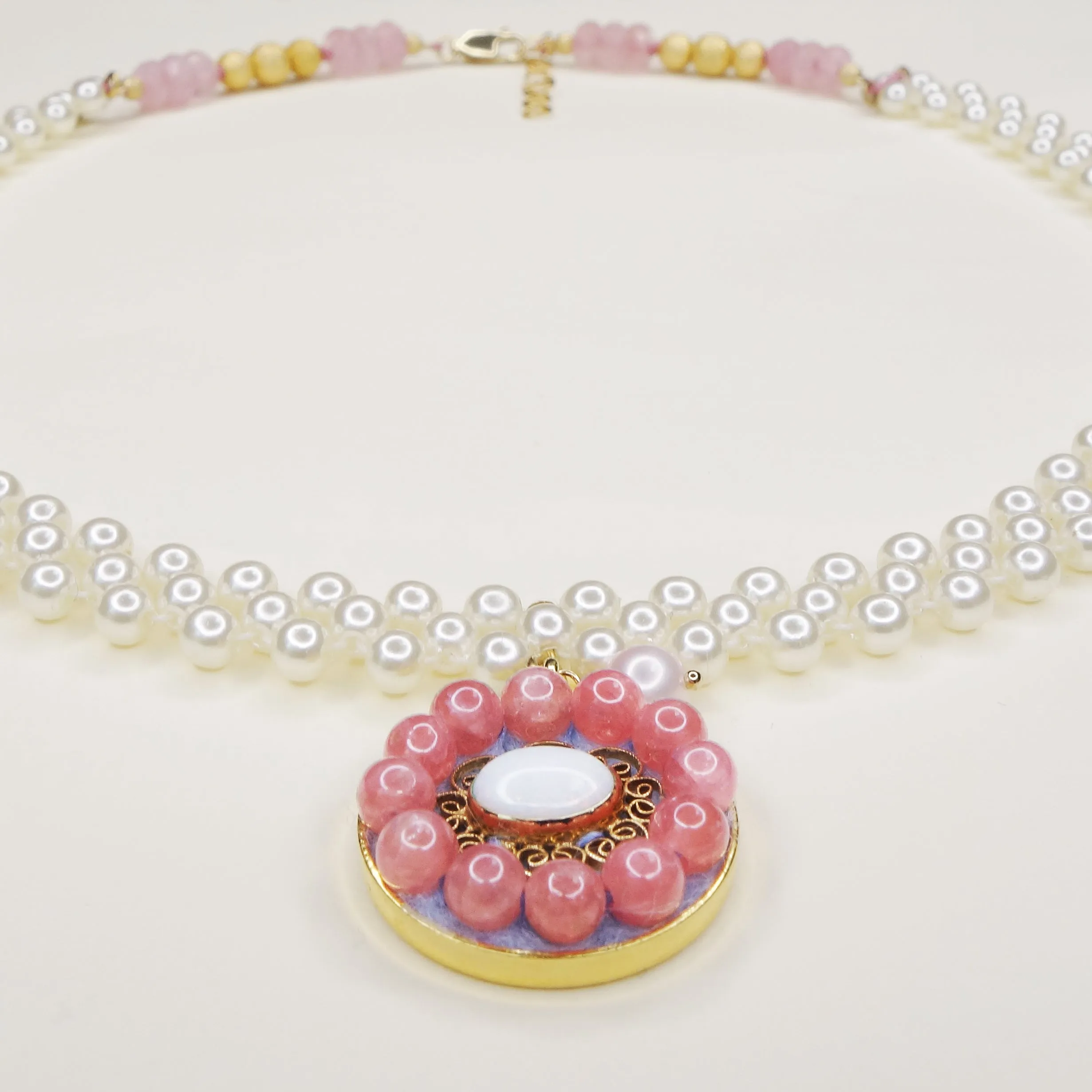 An Angel's Kiss: rainbow opal, pearl, and rhodochrosite mosaic necklace