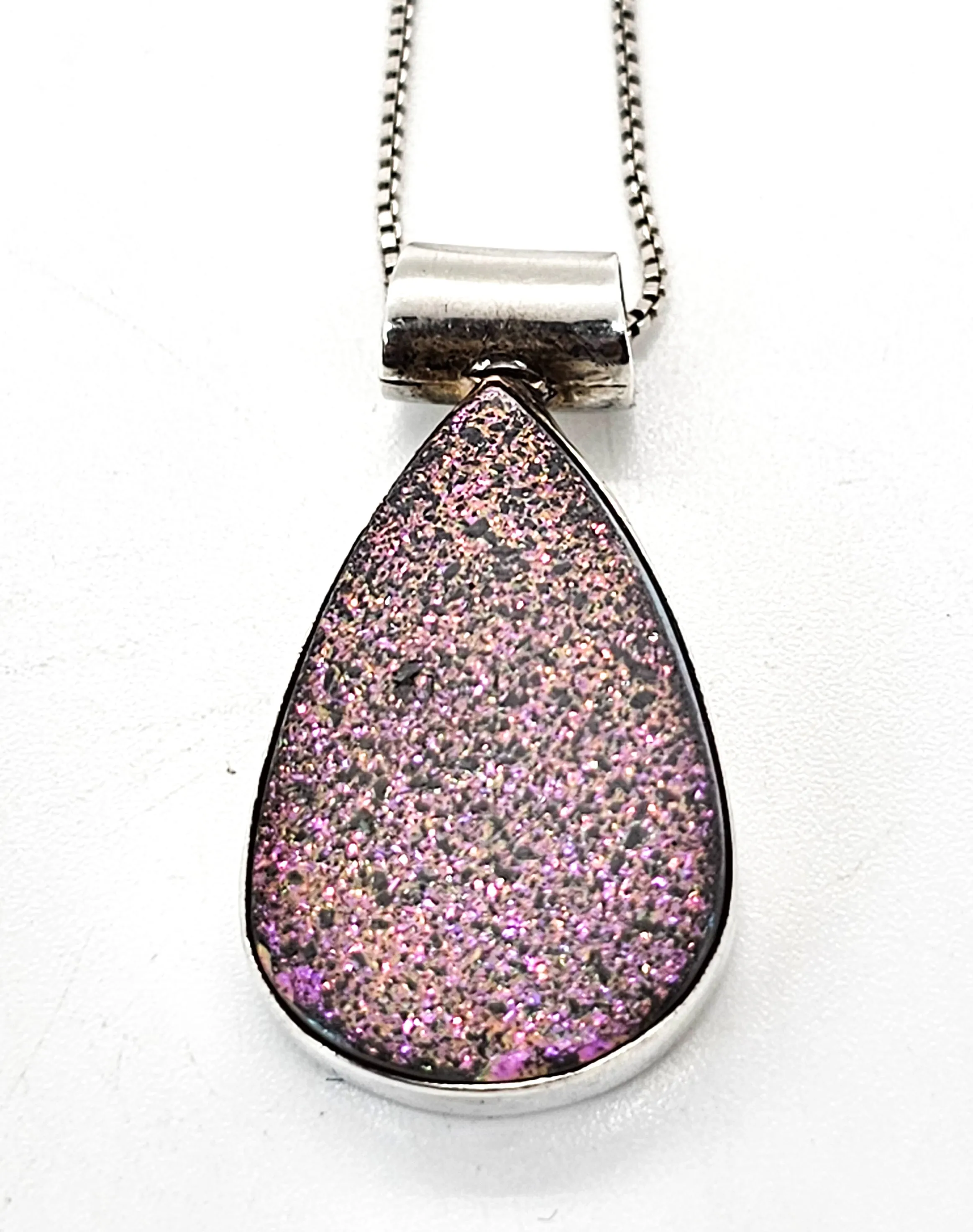 Angel Aura Druzy Quartz pink and green pear cut sterling silver necklace