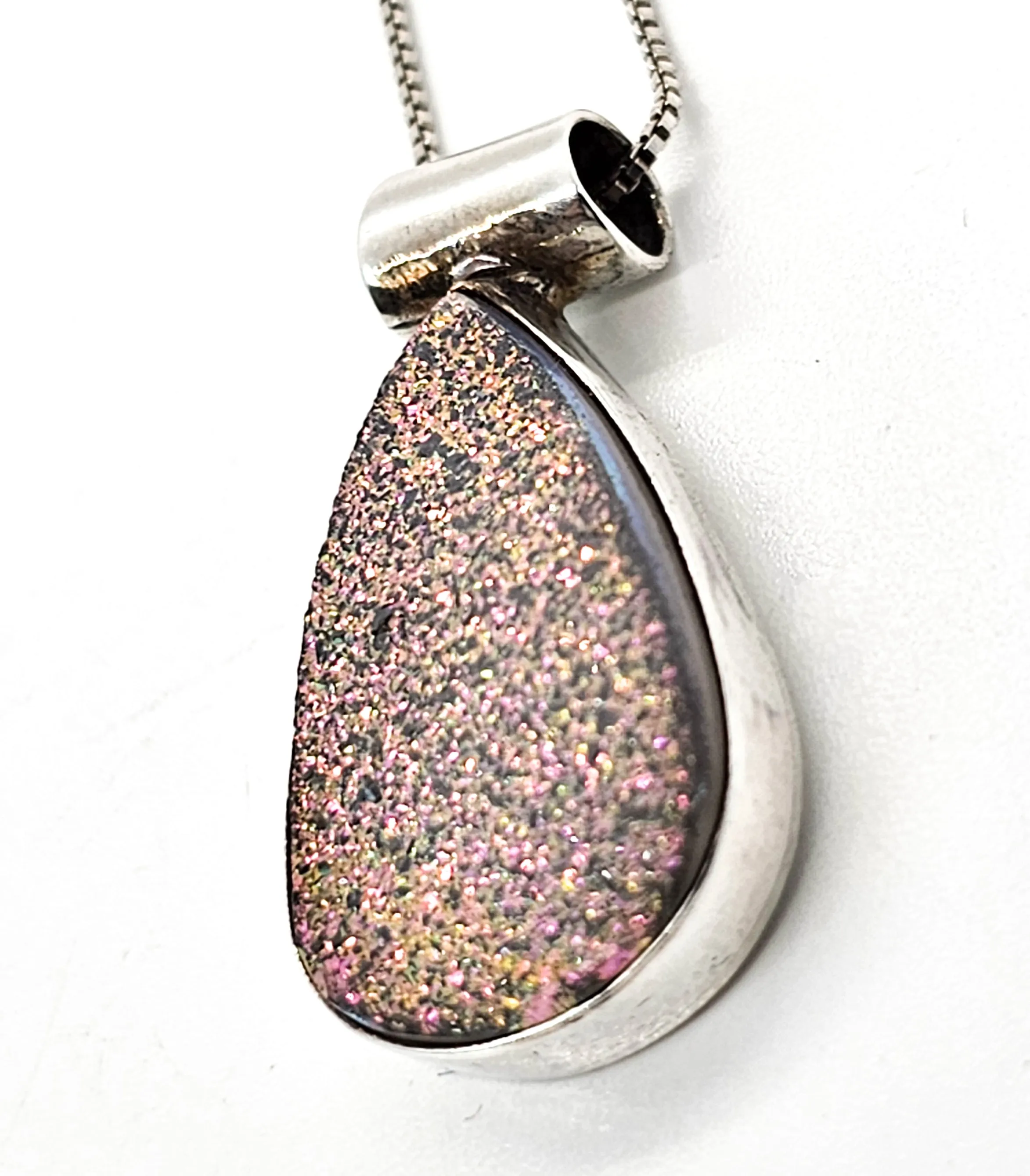 Angel Aura Druzy Quartz pink and green pear cut sterling silver necklace