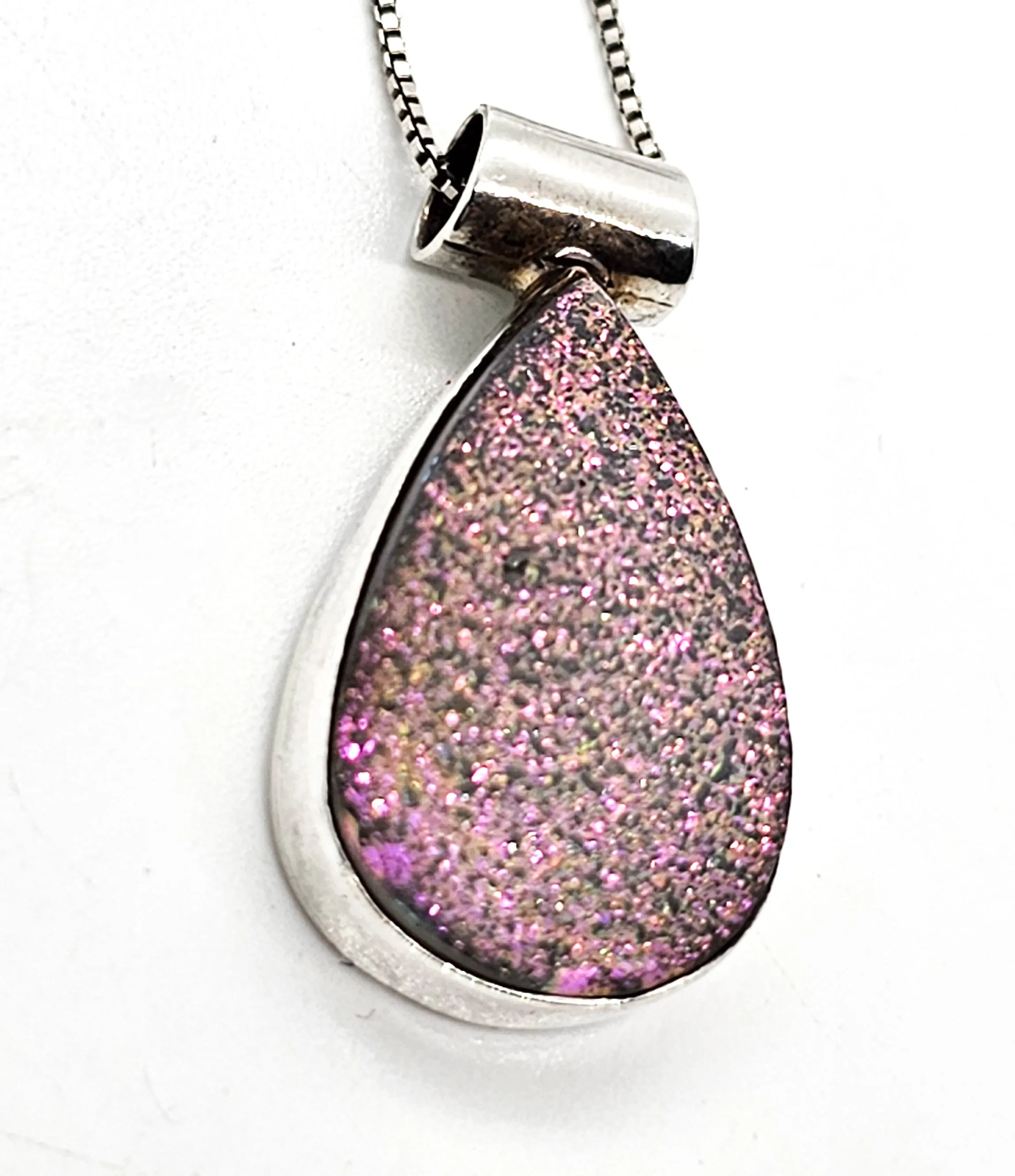 Angel Aura Druzy Quartz pink and green pear cut sterling silver necklace