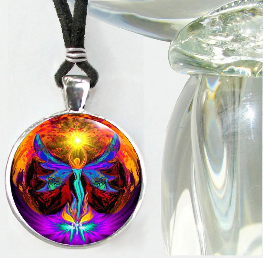 Angel Pendant, Chakra Necklace, Psychedelic Wearable Art, "Phoenix Rising"