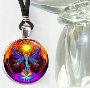 Angel Pendant, Chakra Necklace, Psychedelic Wearable Art, "Phoenix Rising"