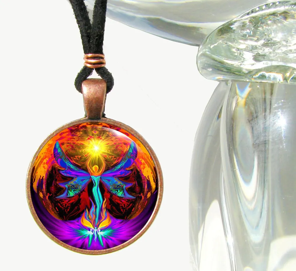 Angel Pendant, Chakra Necklace, Psychedelic Wearable Art, "Phoenix Rising"