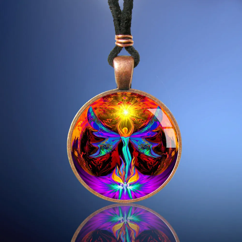 Angel Pendant, Chakra Necklace, Psychedelic Wearable Art, "Phoenix Rising"