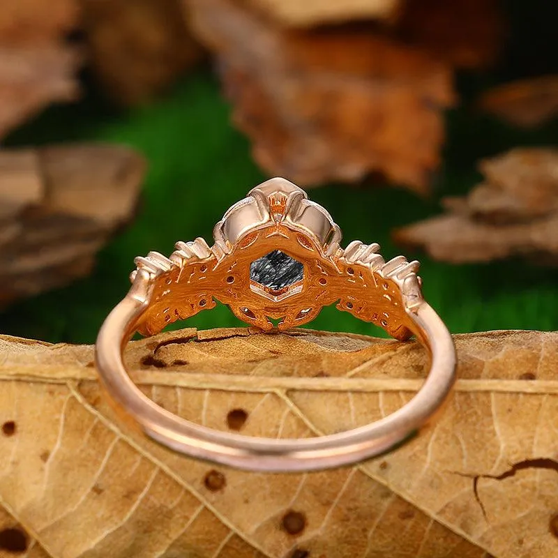 Antique 14k 18k Gold  Natural Black Rutilated Quartz Half Eternity  Split Shank Anniversary Gift Ring