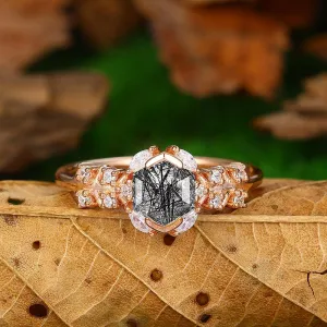 Antique 14k 18k Gold  Natural Black Rutilated Quartz Half Eternity  Split Shank Anniversary Gift Ring