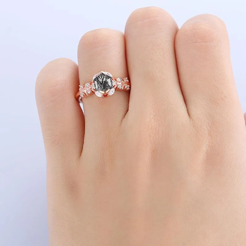 Antique 14k 18k Gold  Natural Black Rutilated Quartz Half Eternity  Split Shank Anniversary Gift Ring