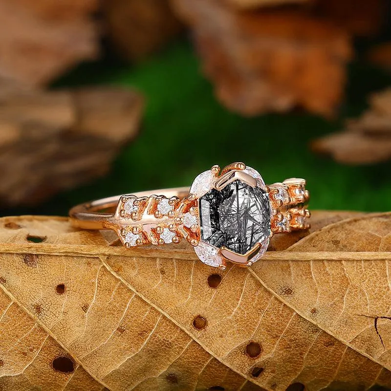Antique 14k 18k Gold  Natural Black Rutilated Quartz Half Eternity  Split Shank Anniversary Gift Ring