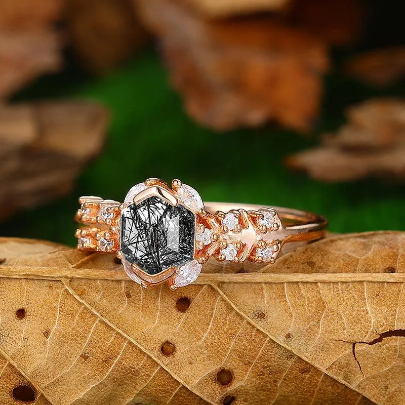 Antique 14k 18k Gold  Natural Black Rutilated Quartz Half Eternity  Split Shank Anniversary Gift Ring