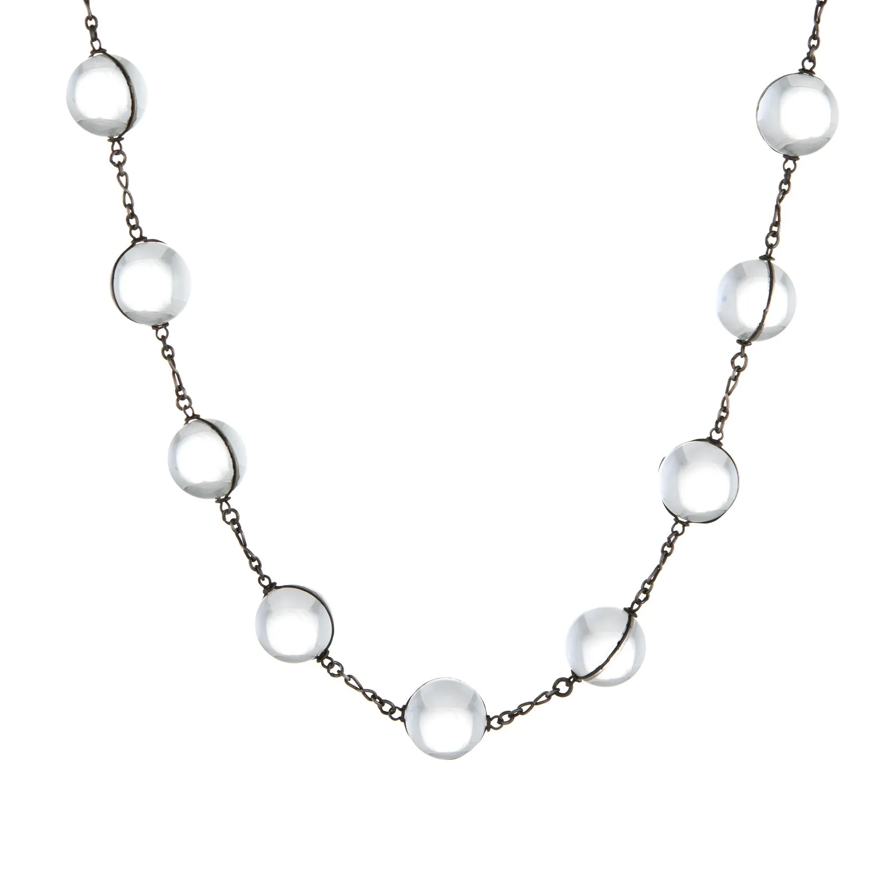 Antique Deco Pools Of Light Rock Crystal Orb Necklace Long 38" Sterling Silver