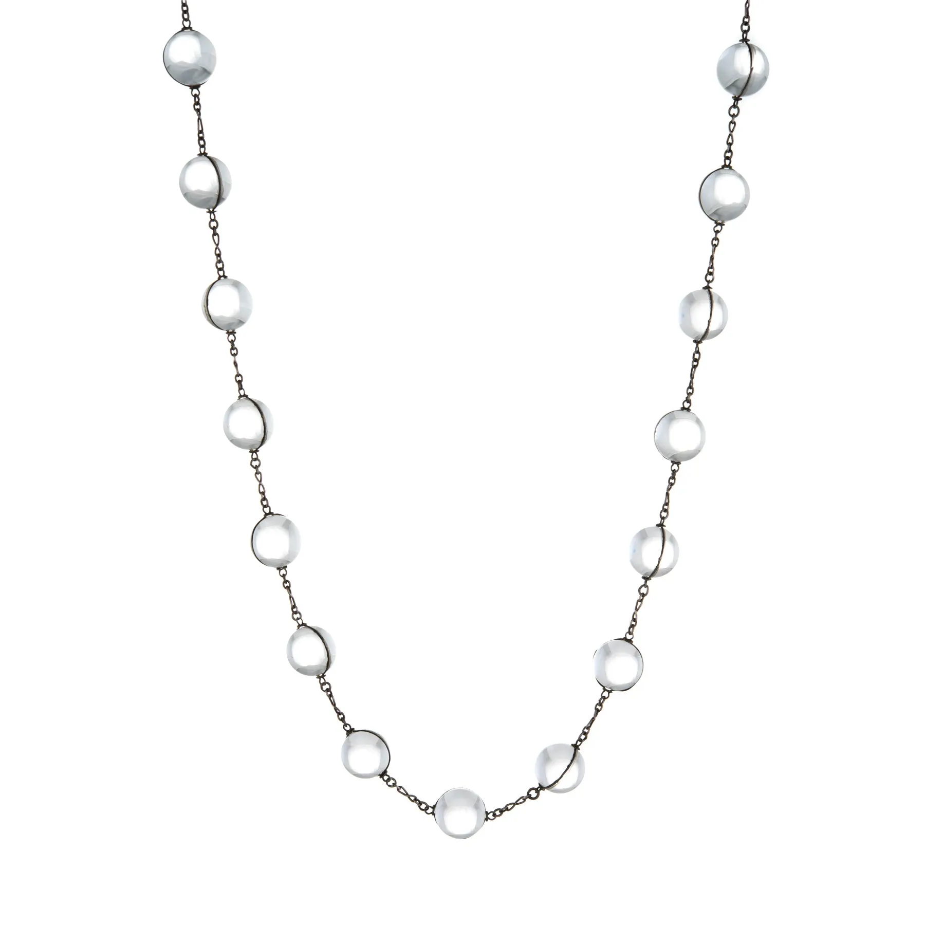 Antique Deco Pools Of Light Rock Crystal Orb Necklace Long 38" Sterling Silver