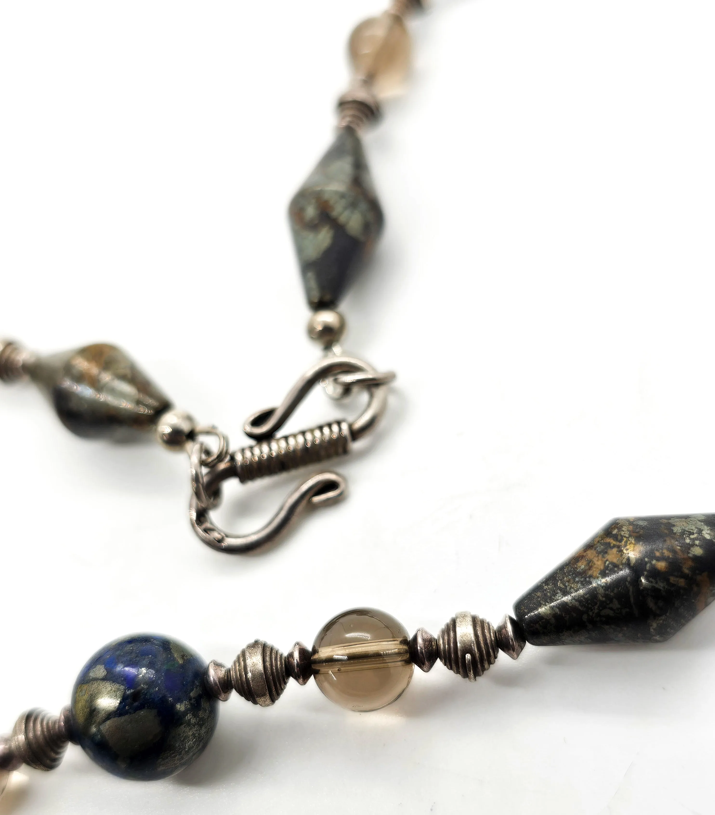Apache Botryoidal pyrite, lapis lazuli and smoky quartz beaded sterling silver artisan necklace