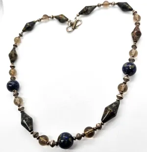 Apache Botryoidal pyrite, lapis lazuli and smoky quartz beaded sterling silver artisan necklace