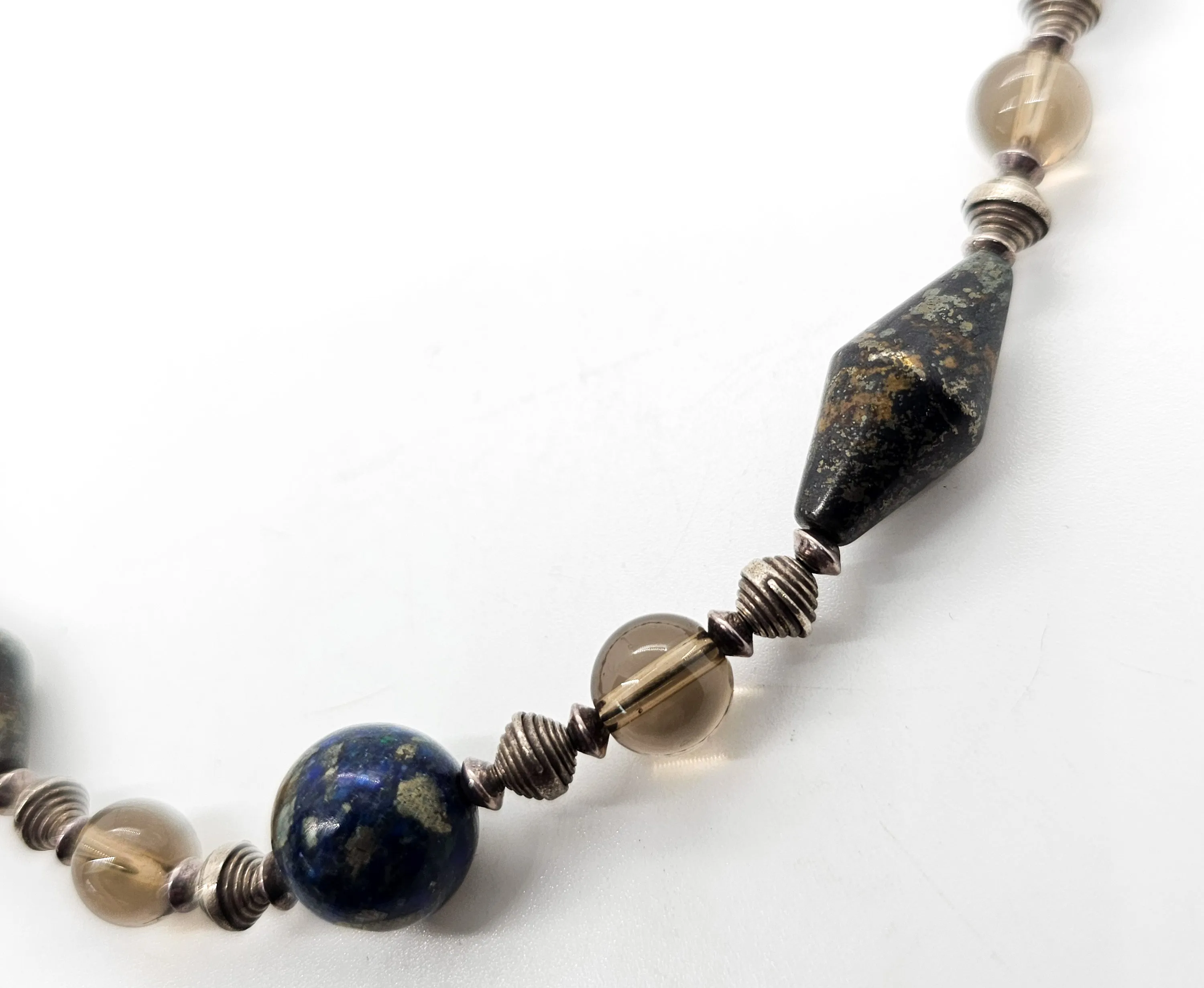 Apache Botryoidal pyrite, lapis lazuli and smoky quartz beaded sterling silver artisan necklace