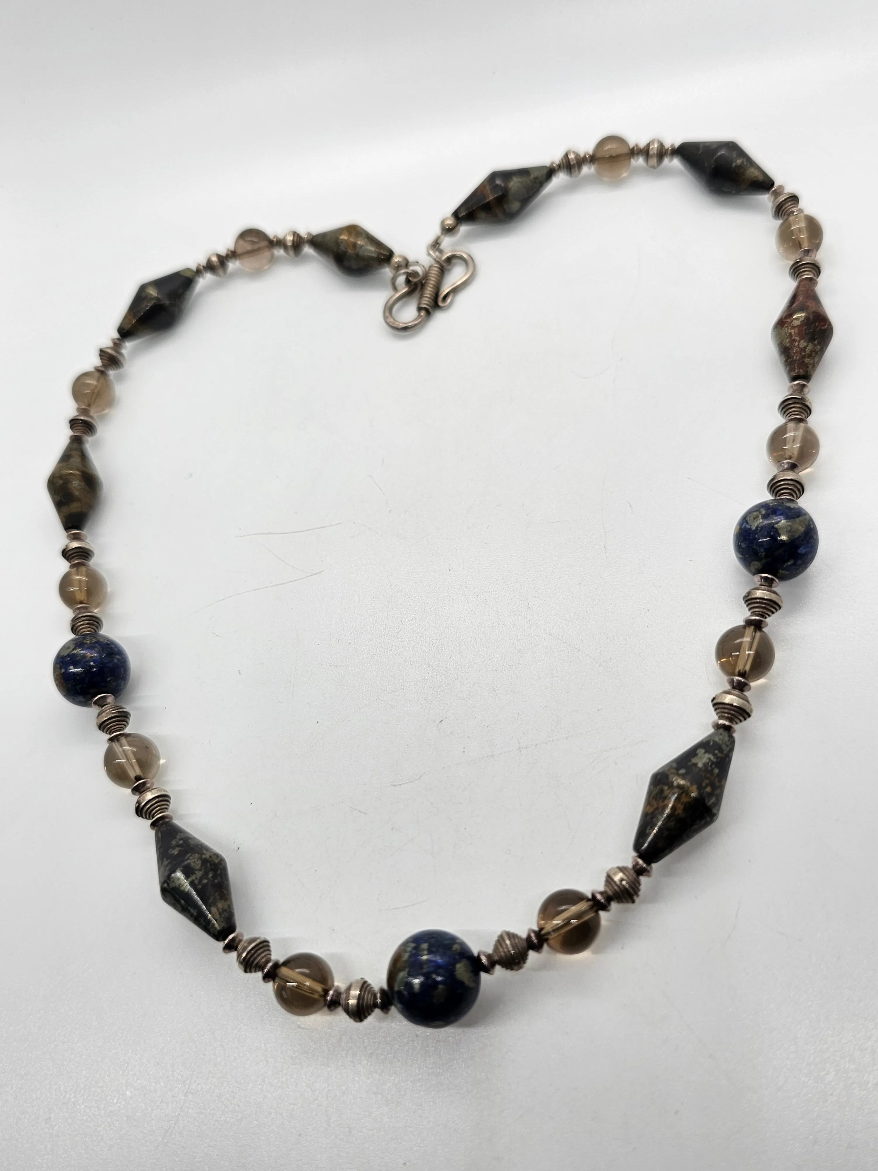 Apache Botryoidal pyrite, lapis lazuli and smoky quartz beaded sterling silver artisan necklace