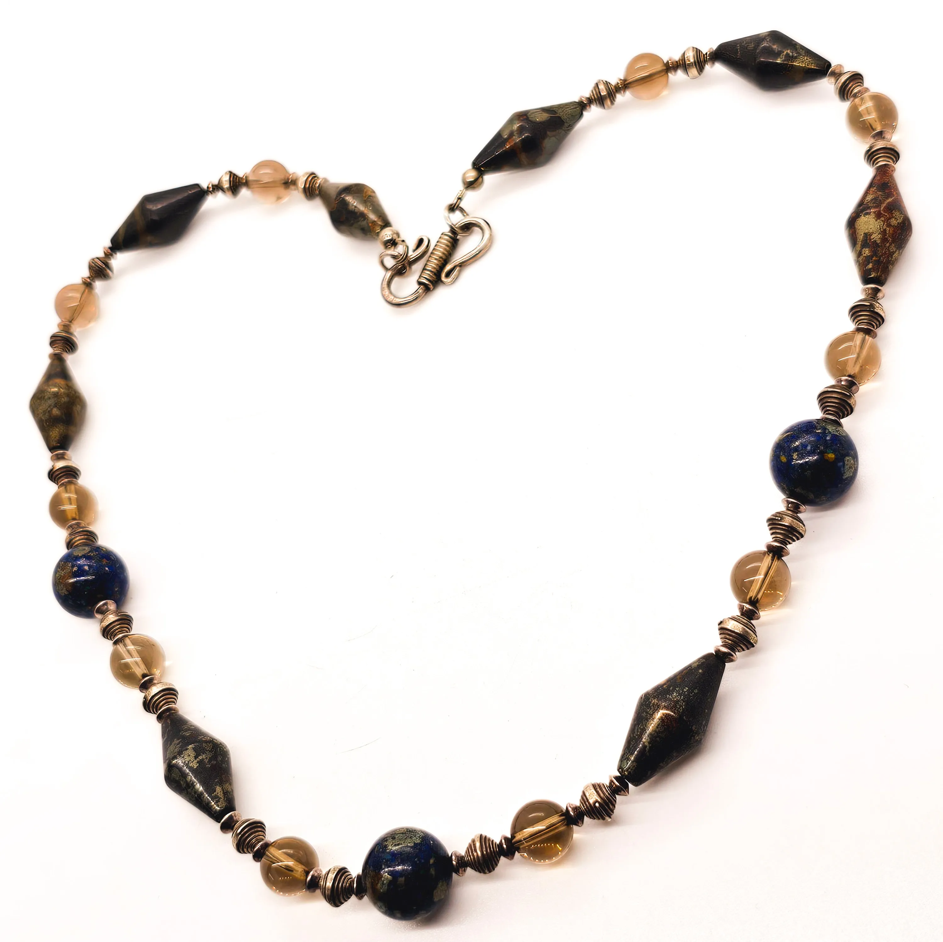 Apache Botryoidal pyrite, lapis lazuli and smoky quartz beaded sterling silver artisan necklace