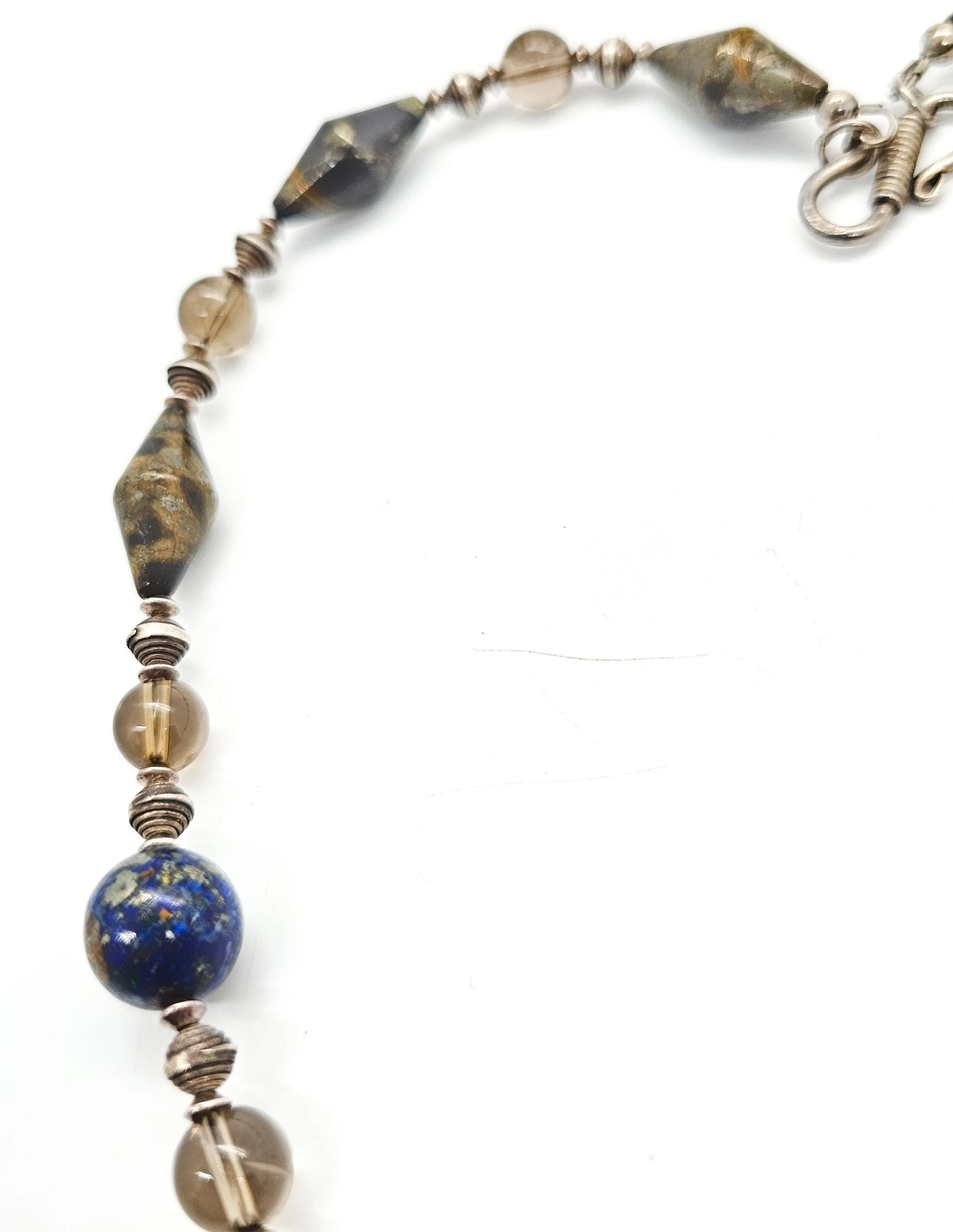 Apache Botryoidal pyrite, lapis lazuli and smoky quartz beaded sterling silver artisan necklace