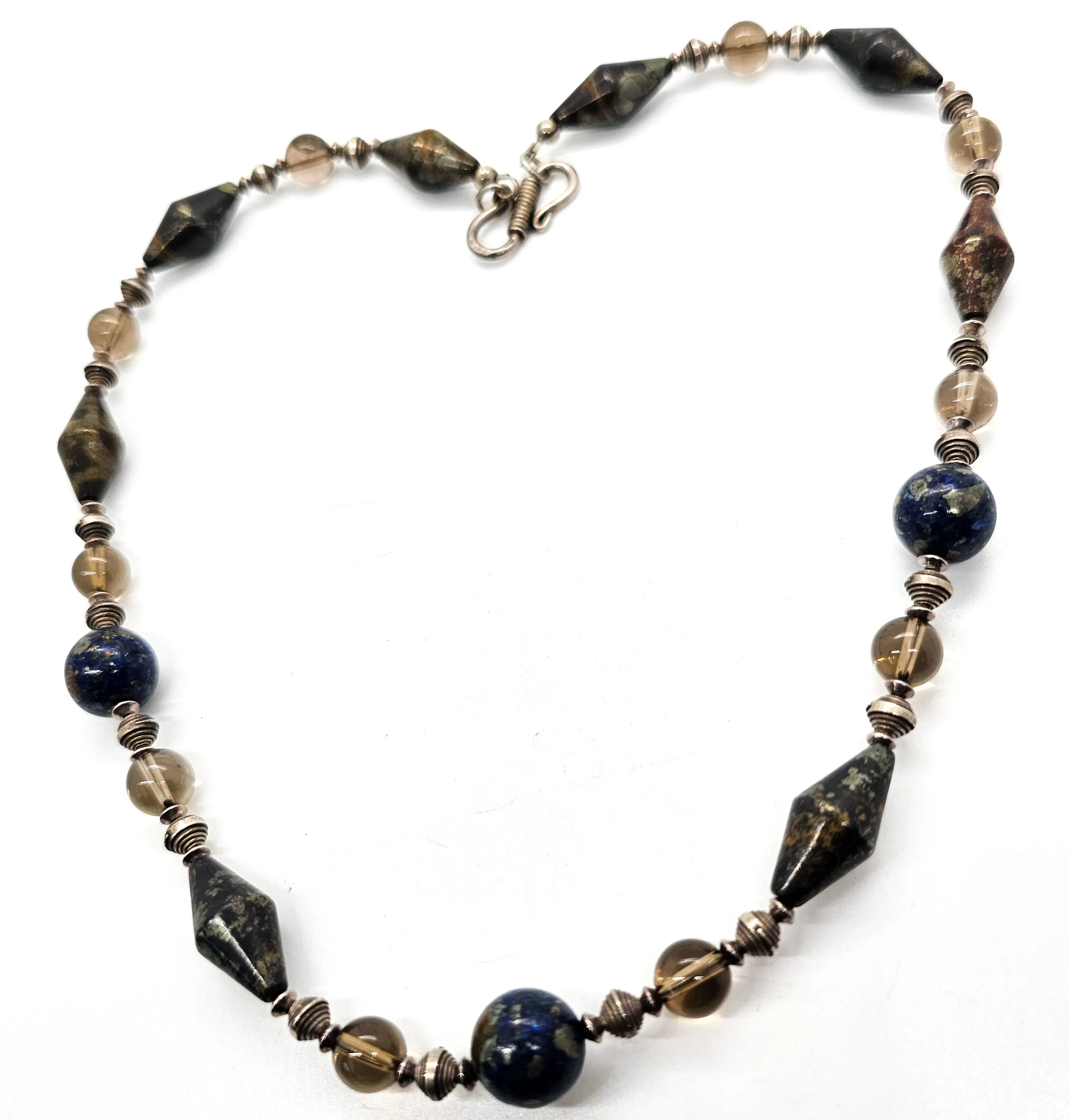 Apache Botryoidal pyrite, lapis lazuli and smoky quartz beaded sterling silver artisan necklace