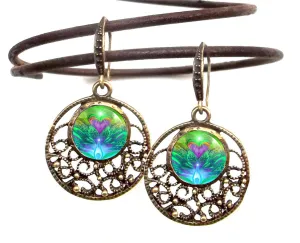 Aqua & Teal Colorful Earrings, Positive Energy Abstract Art with a Pink Heart- "Water Healer"