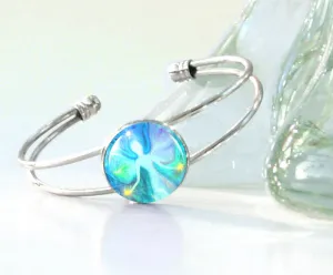 Aqua Angel Art Bracelet, Positive Energy and Meaning, Silver Wire Cuff - "Aura Angel"