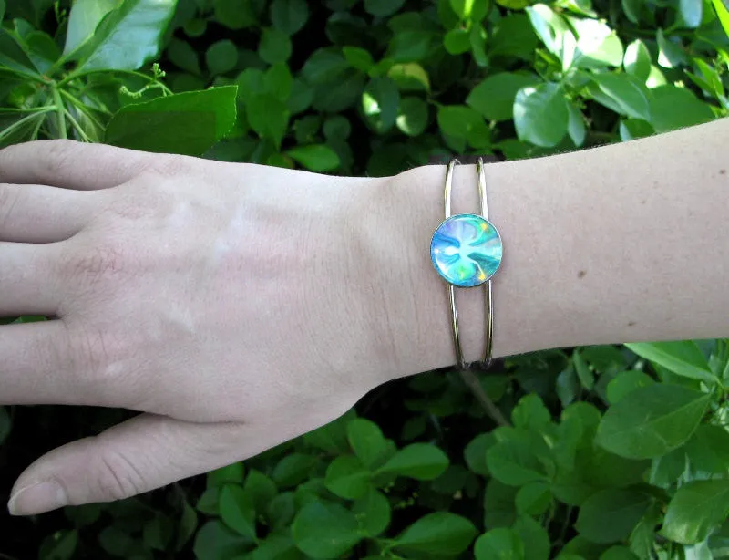 Aqua Angel Art Bracelet, Positive Energy and Meaning, Silver Wire Cuff - "Aura Angel"