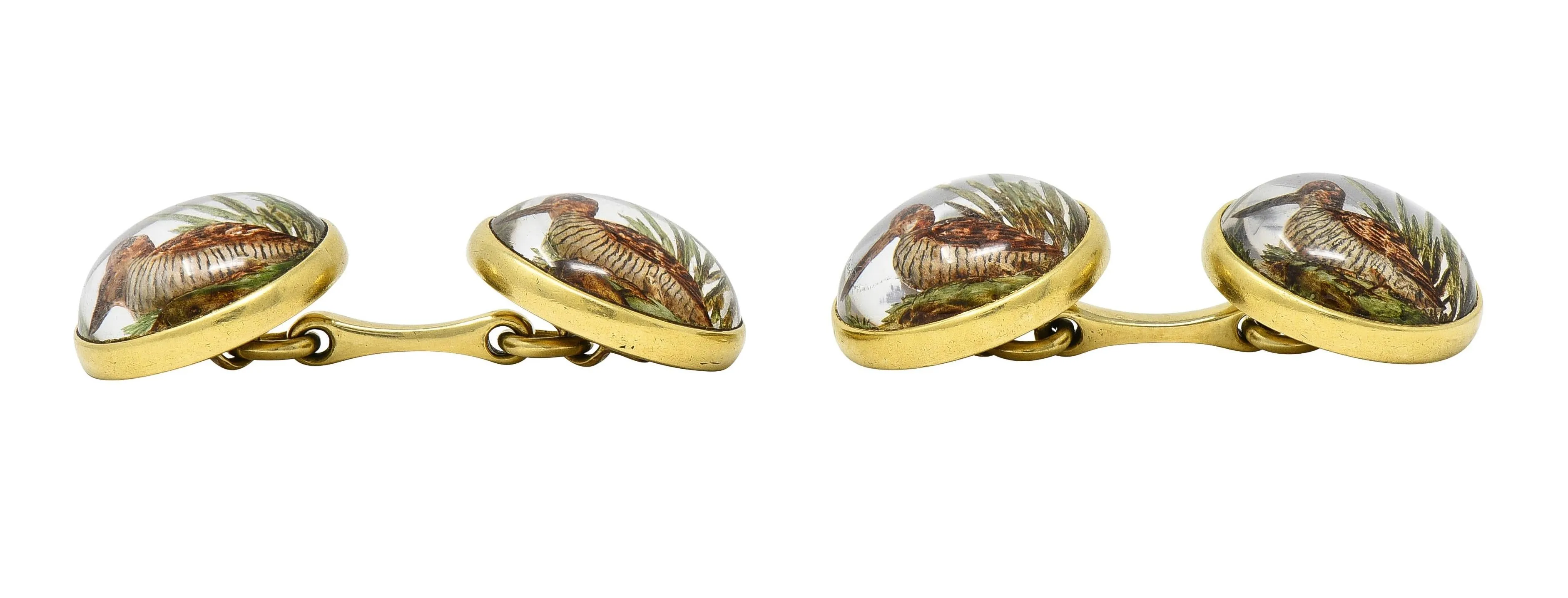 Art Deco 1930s Painted Essex Crystal 14 Karat Gold Vintage Snipe Bird Cufflinks