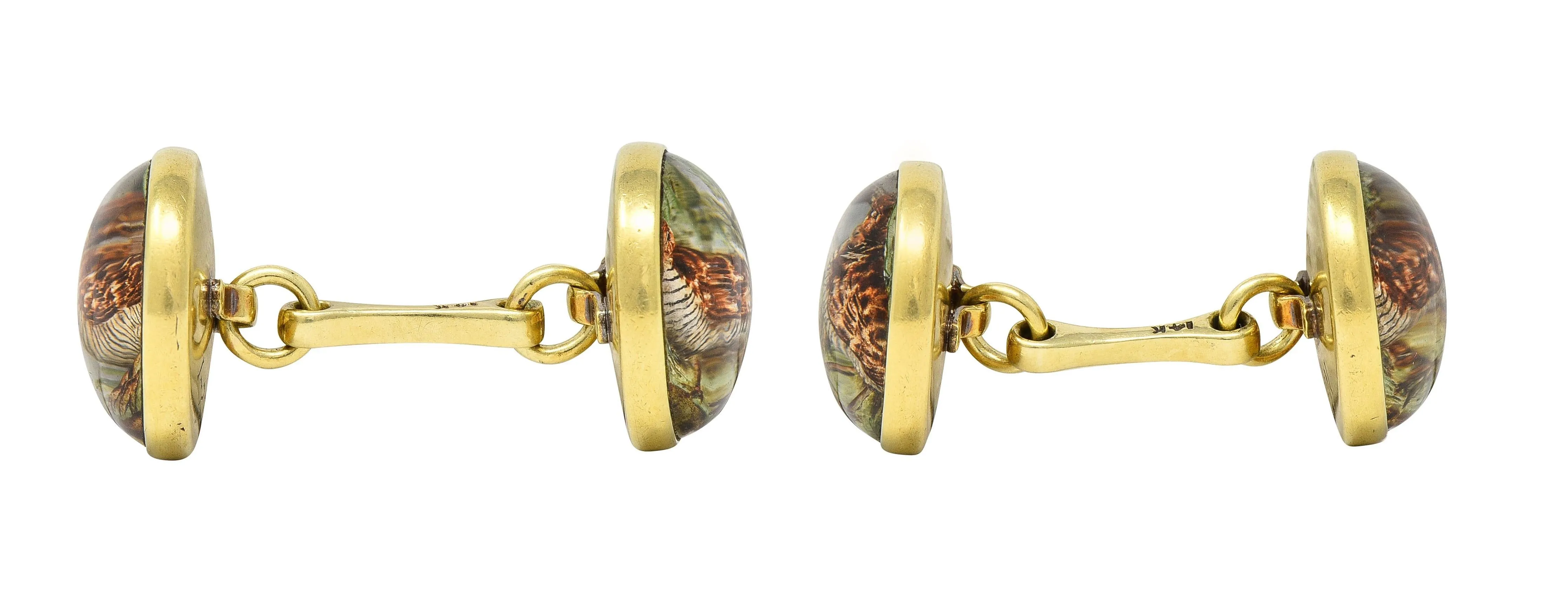 Art Deco 1930s Painted Essex Crystal 14 Karat Gold Vintage Snipe Bird Cufflinks