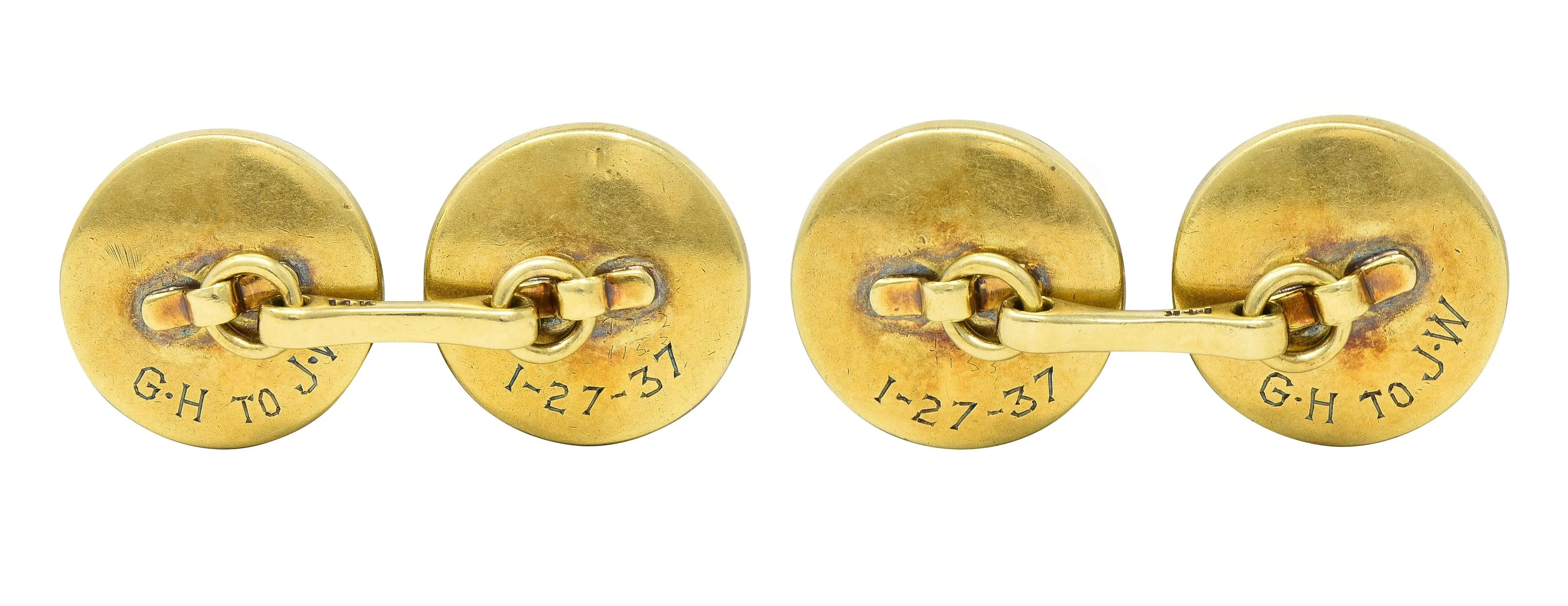 Art Deco 1930s Painted Essex Crystal 14 Karat Gold Vintage Snipe Bird Cufflinks