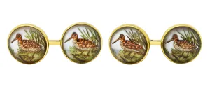 Art Deco 1930s Painted Essex Crystal 14 Karat Gold Vintage Snipe Bird Cufflinks