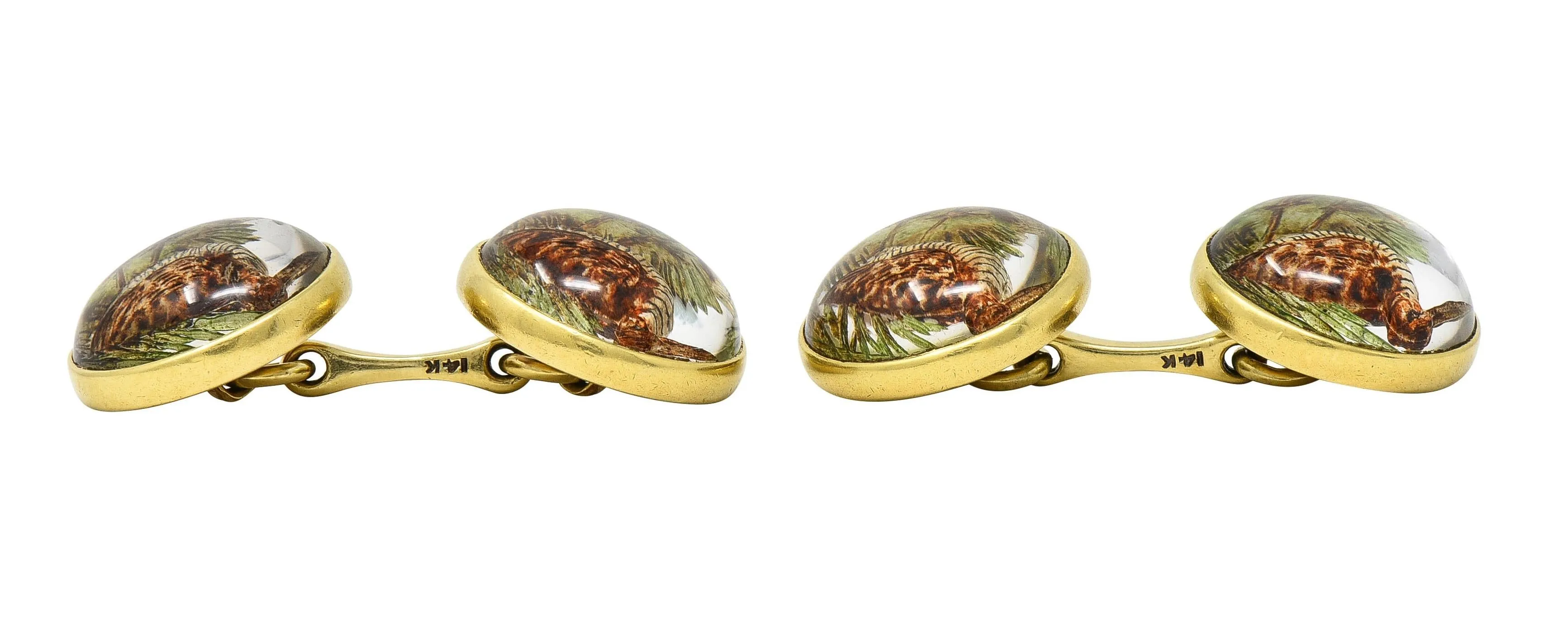 Art Deco 1930s Painted Essex Crystal 14 Karat Gold Vintage Snipe Bird Cufflinks