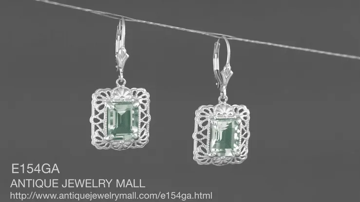 Art Deco Filigree Prasiolite Green Amethyst Drop Earrings in Sterling Silver
